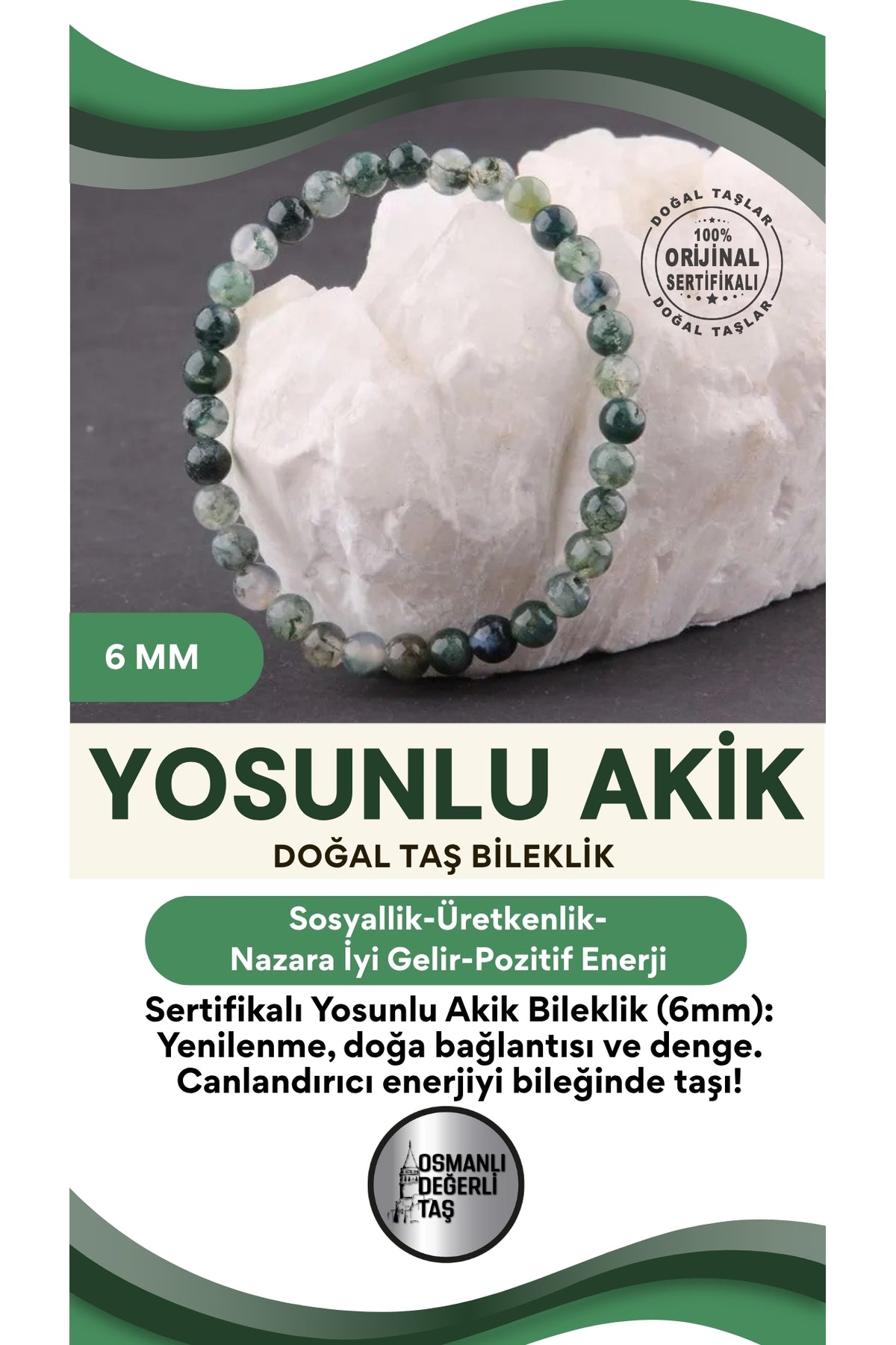 Sertifikalı Yosunlu Akik Doğal Taş Bileklik 6 Mm - B855