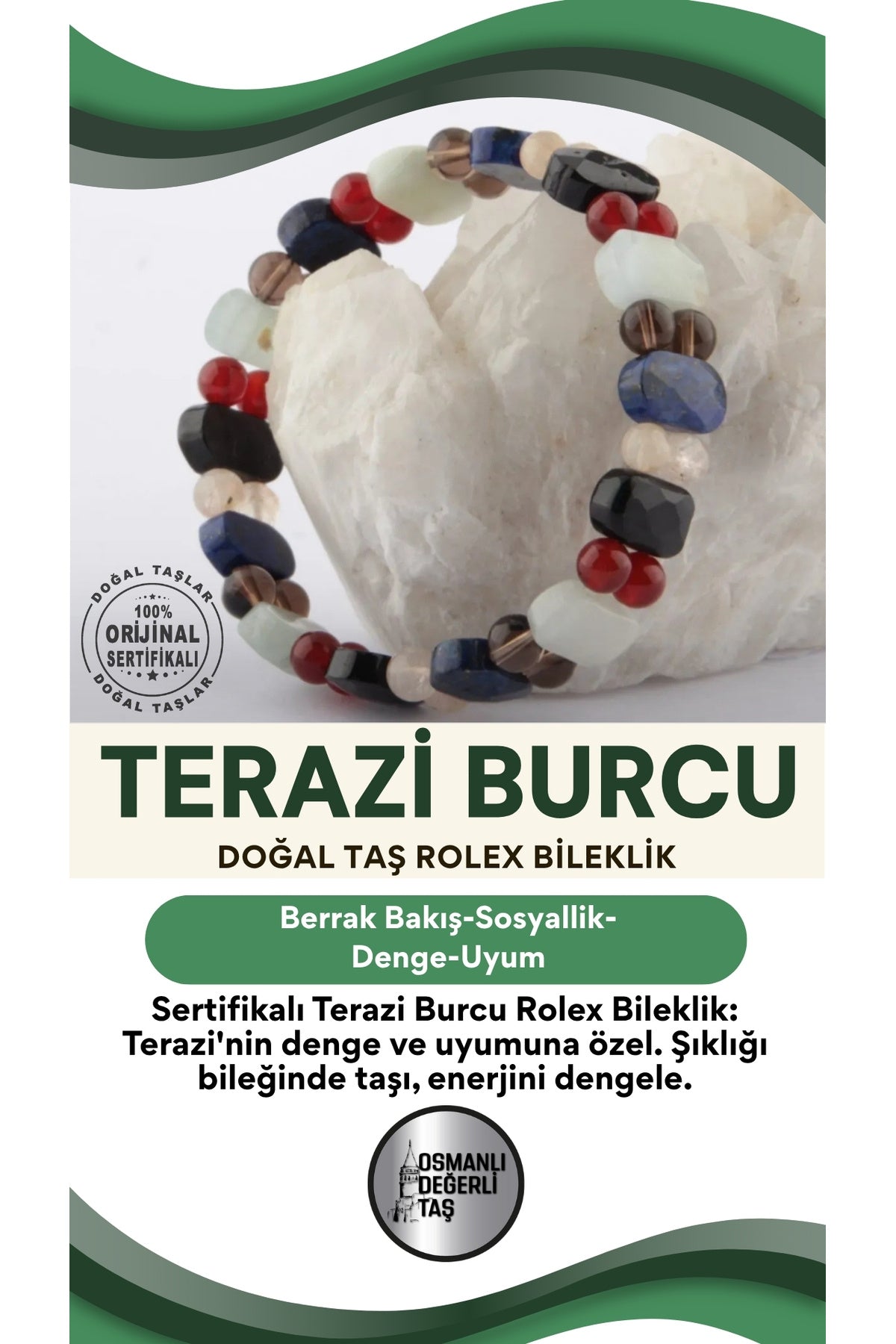 Sertifikalı Terazi Burcu Doğal Taş Roleks Bileklik B012