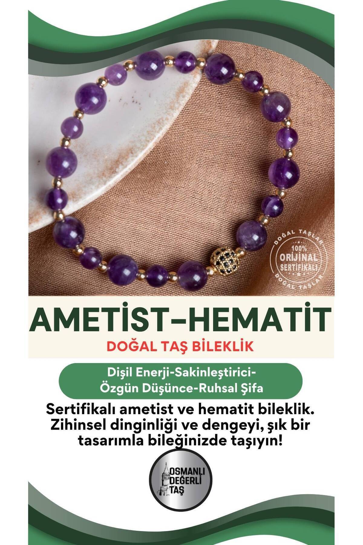 SERTİFİKALI Ametist-Hematit Doğal Taş Bileklik 6-8 mm