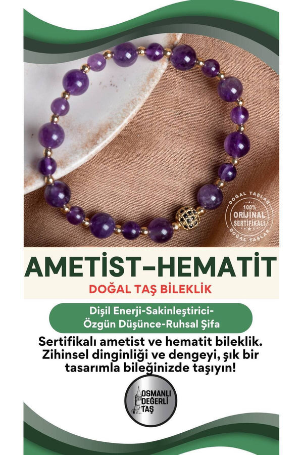 SERTİFİKALI Ametist-Hematit Doğal Taş Bileklik 6-8 mm