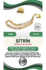 Sitrin 8 mm Doğal Taş 33'lük Tesbih Altın Kaplama 925 Ayar Gümüş