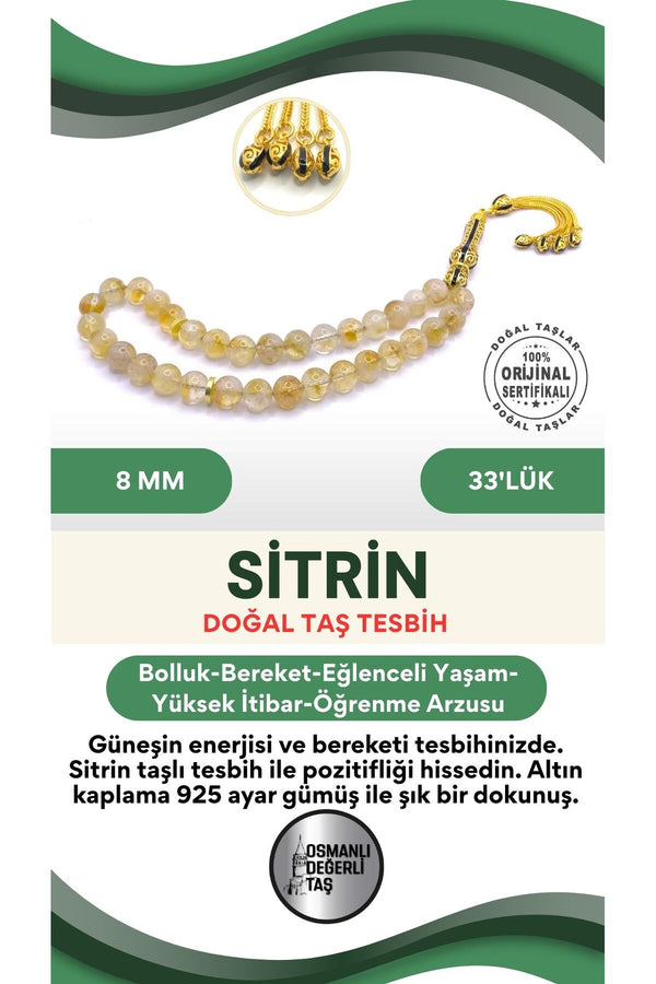 Sitrin 8 mm Doğal Taş 33'lük Tesbih Altın Kaplama 925 Ayar Gümüş