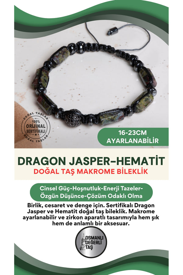 SERTİFİKALI Yeşil Dragon Jasper-Hematit Doğal Taş Makrome Ayarlanabilir Zirkon Aparatlı Bileklik