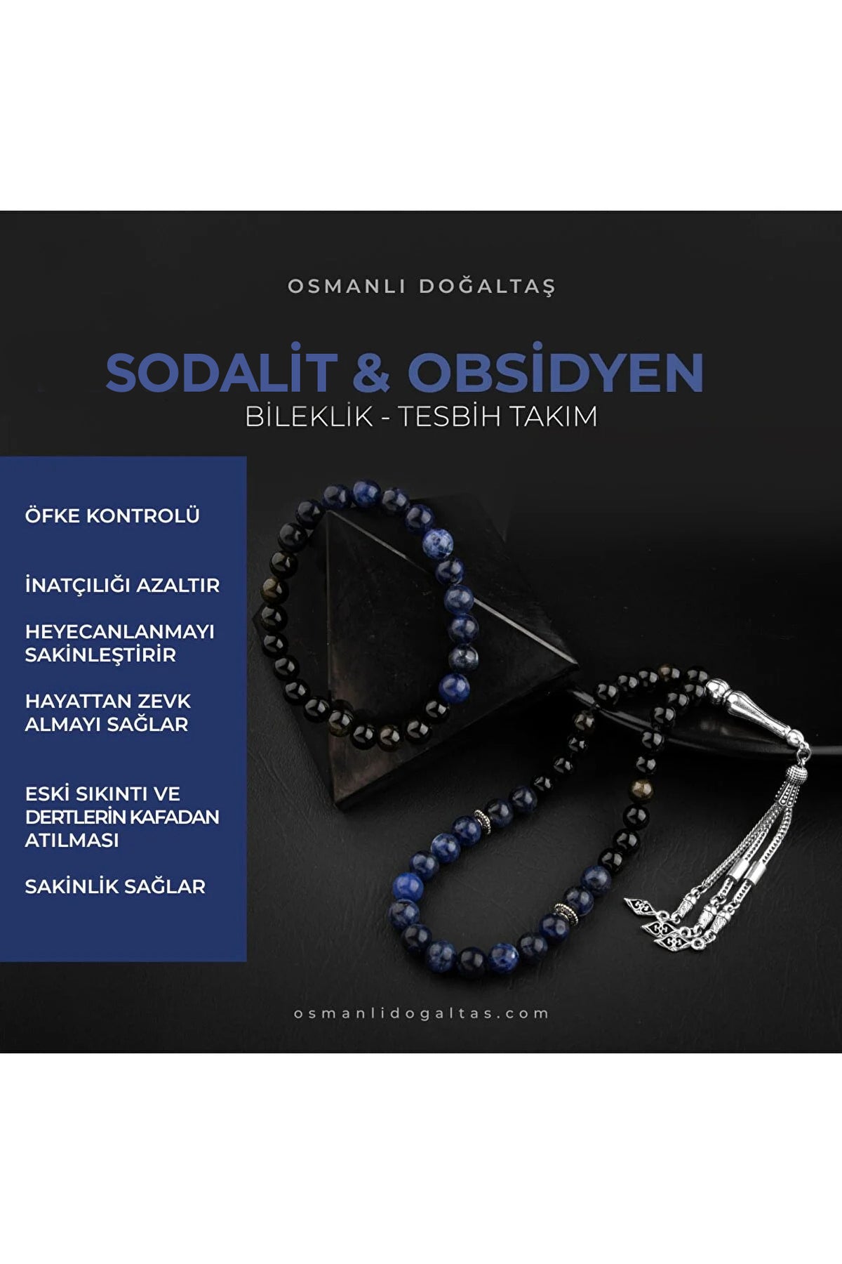 Sertifikalı Obsidyen, Sodalit Doğal Taşlı 33'lük Tesbih Ve Bileklik Takım