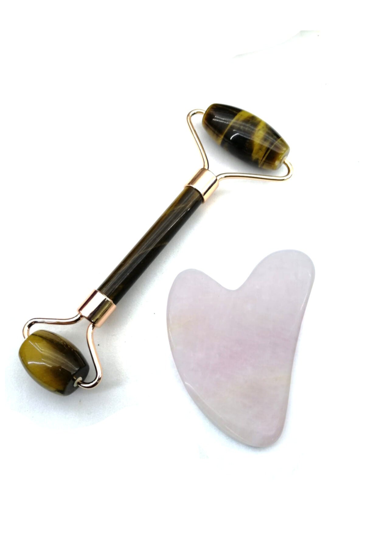 Sertifikalı Kaplan Gözü Masaj Taşı Roller Ve (1. SINIF)pembe Kuvars Gua Sha Takım