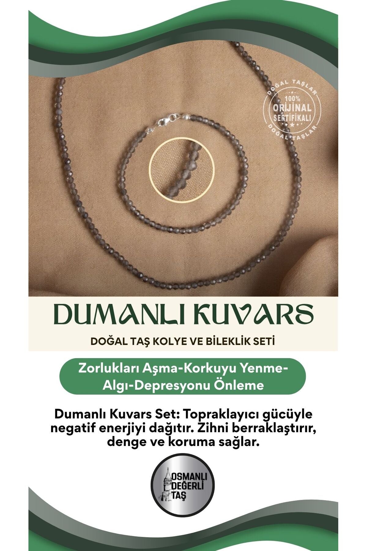 Sertifikalı Dumanlı Kuvars Doğal Taş Kolye ve Bileklik Seti