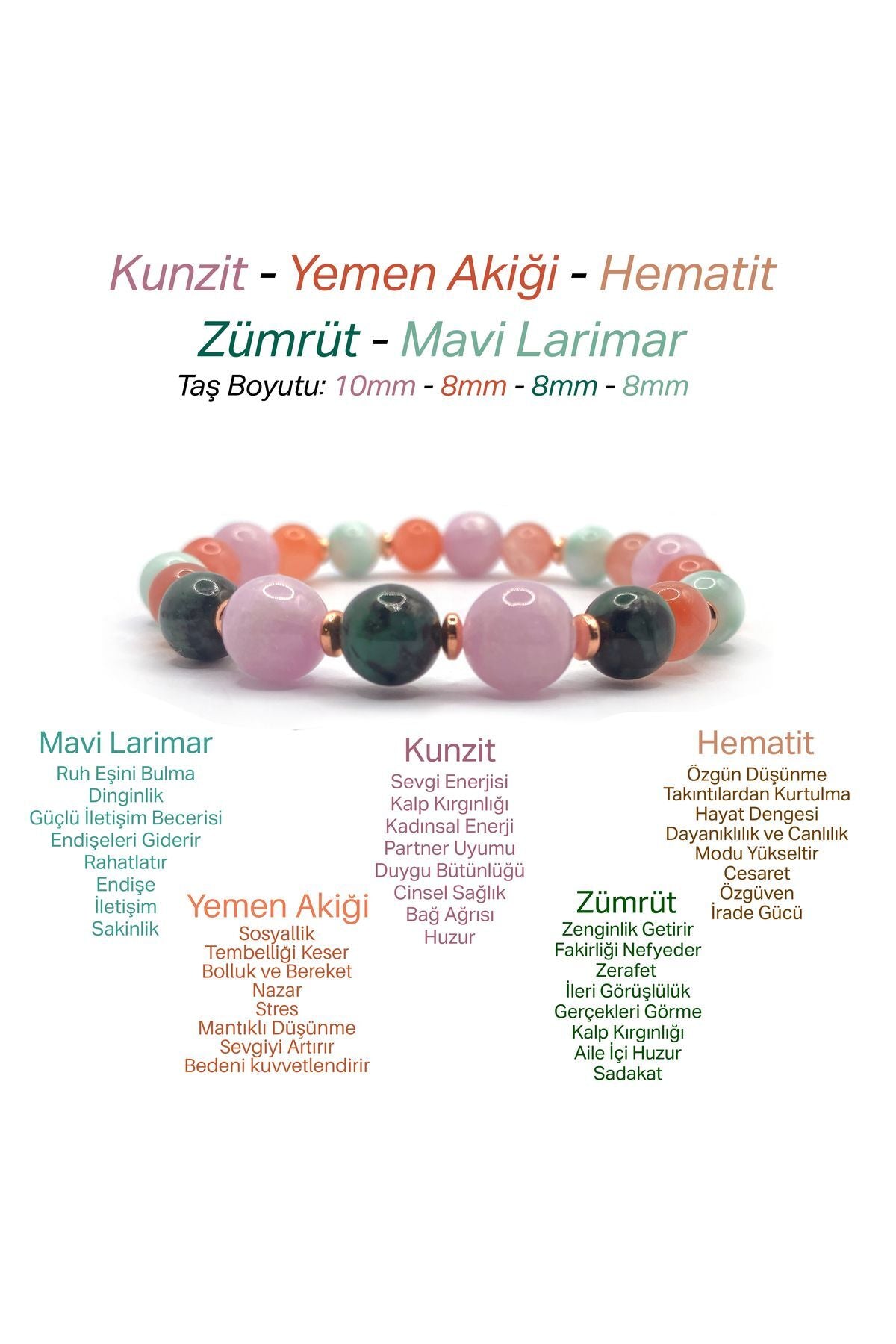 Hakiki Orijinal Sertifikalı Yemen Akiği-larimar-kunzit-zümrüt-hematit Doğal Taş Misinalı Bileklik