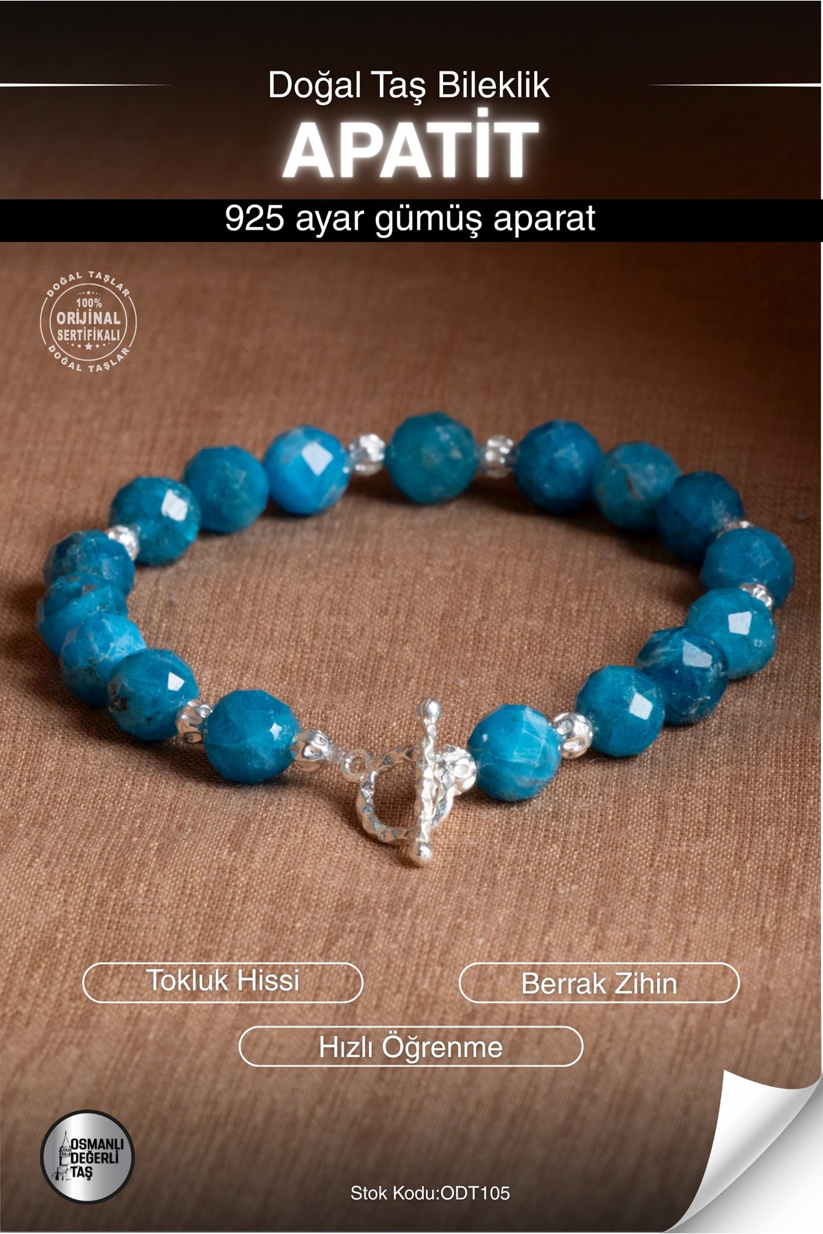 Sertifikalı Apatit Doğal Taş 925 Ayar Gümüş Aparatlı Bileklik ODT105