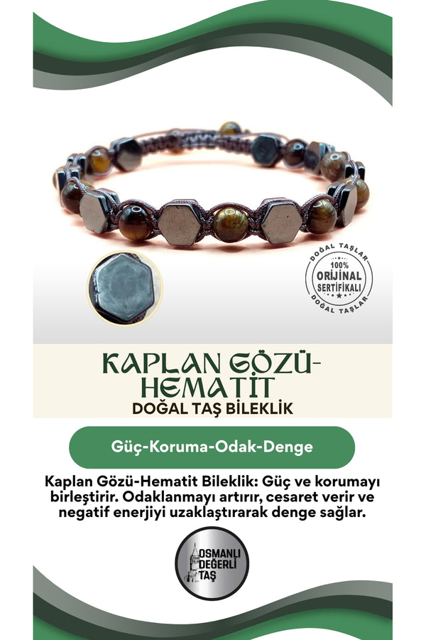 Kaplan Gözü-Hematit Doğal Taş Bileklik Taş Üzeri İpli Model