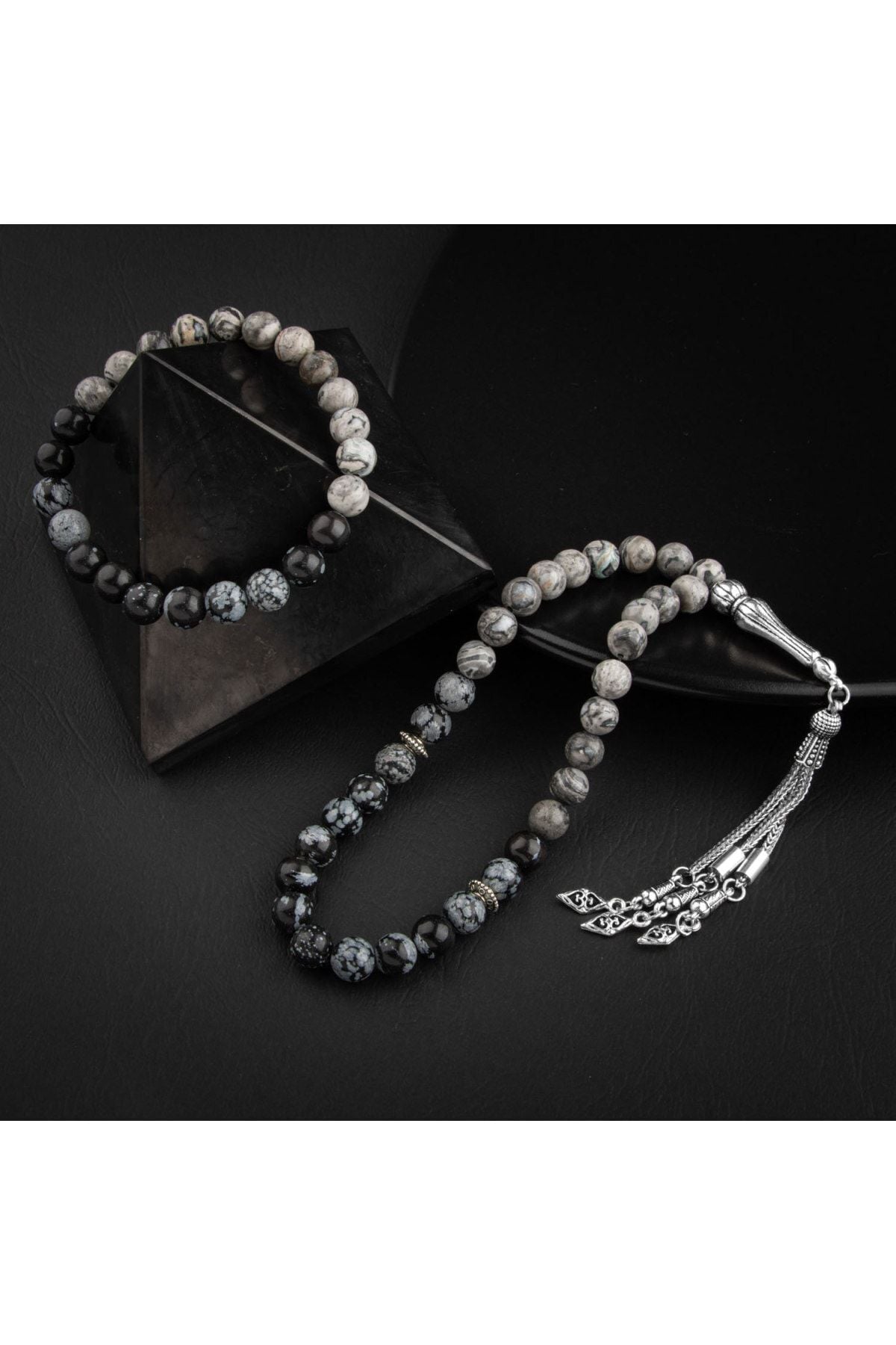 Sertifikalı Karlı Obsidyen, Gri Doğal Taşlı 33'lük Tesbih Ve Bileklik Takım