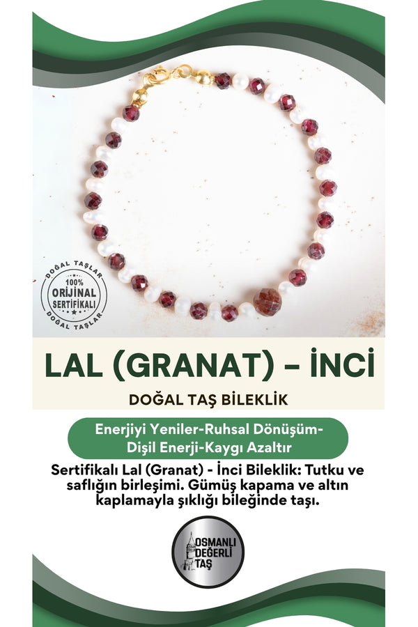 SERTİFİKALI Lal(Granat )- İnci Doğal Taş Gümüş Kapama Altın Kaplama Bileklik