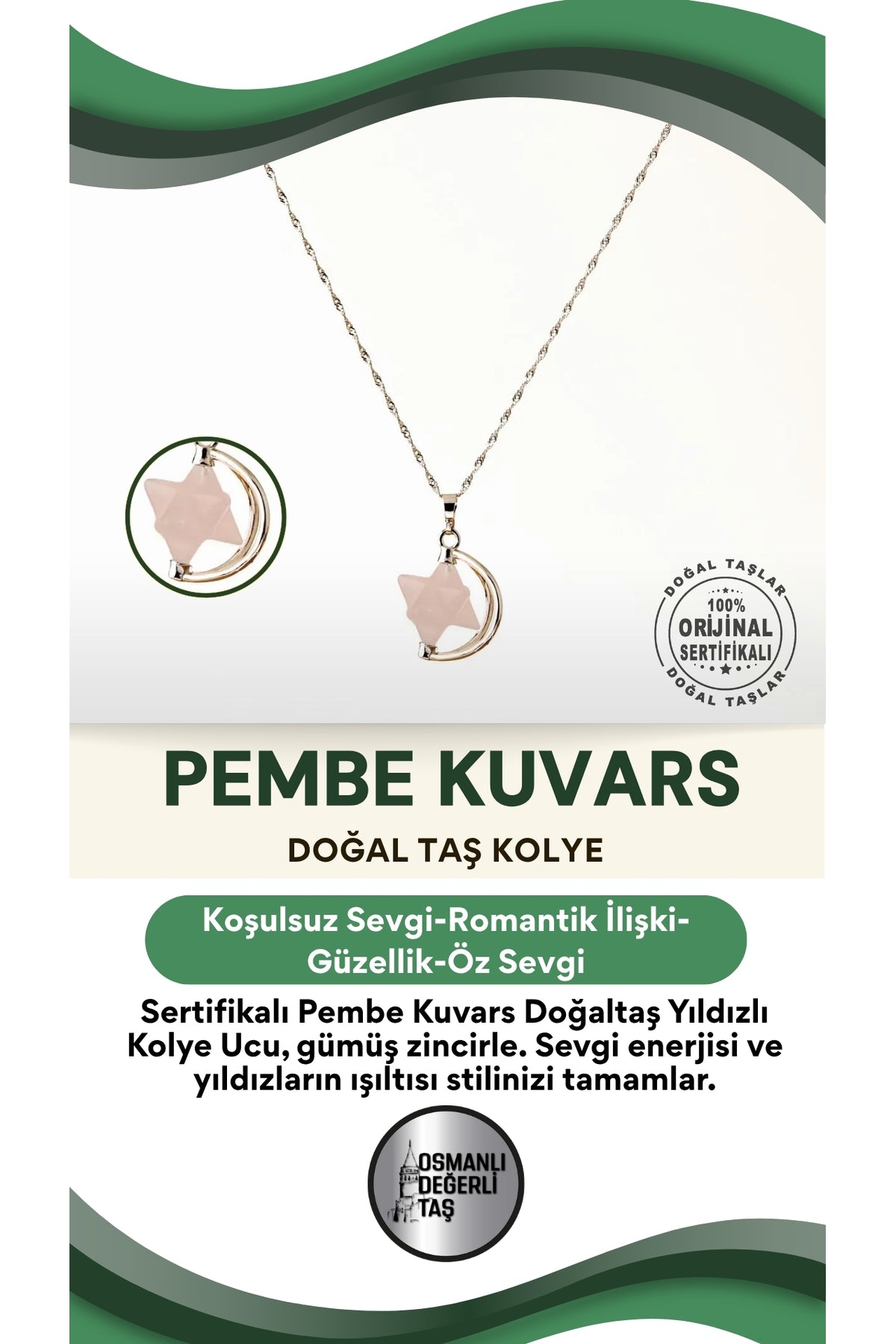 Sertifikalı Pembe Kuvars Doğaltaş Yıldızlı Kolye Ucu, Gümüş Zincirle Birlikte Ku022
