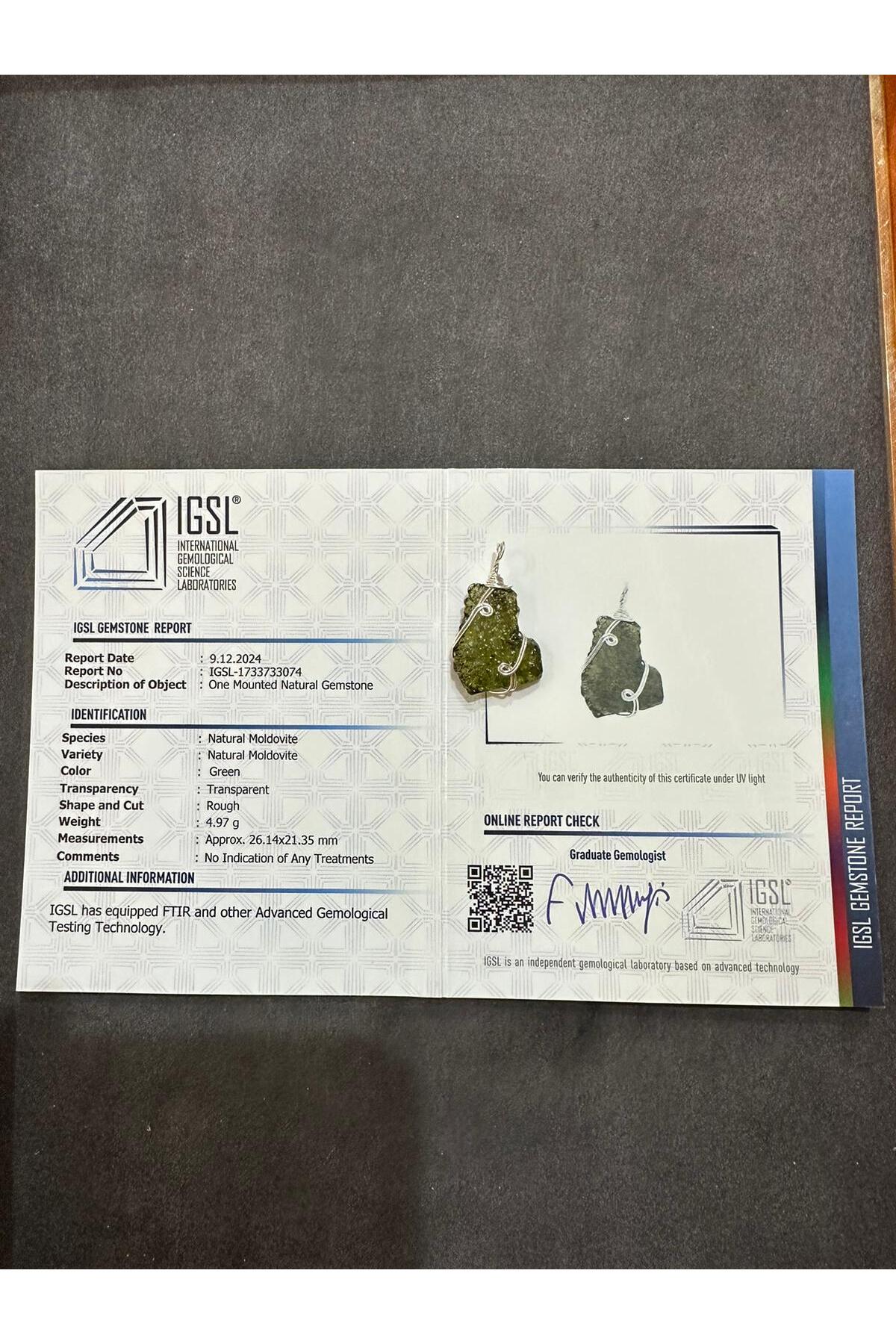 Uluslar Arası Sertifikalı Moldavit Gümüş Sarmallı Kolye Ucu