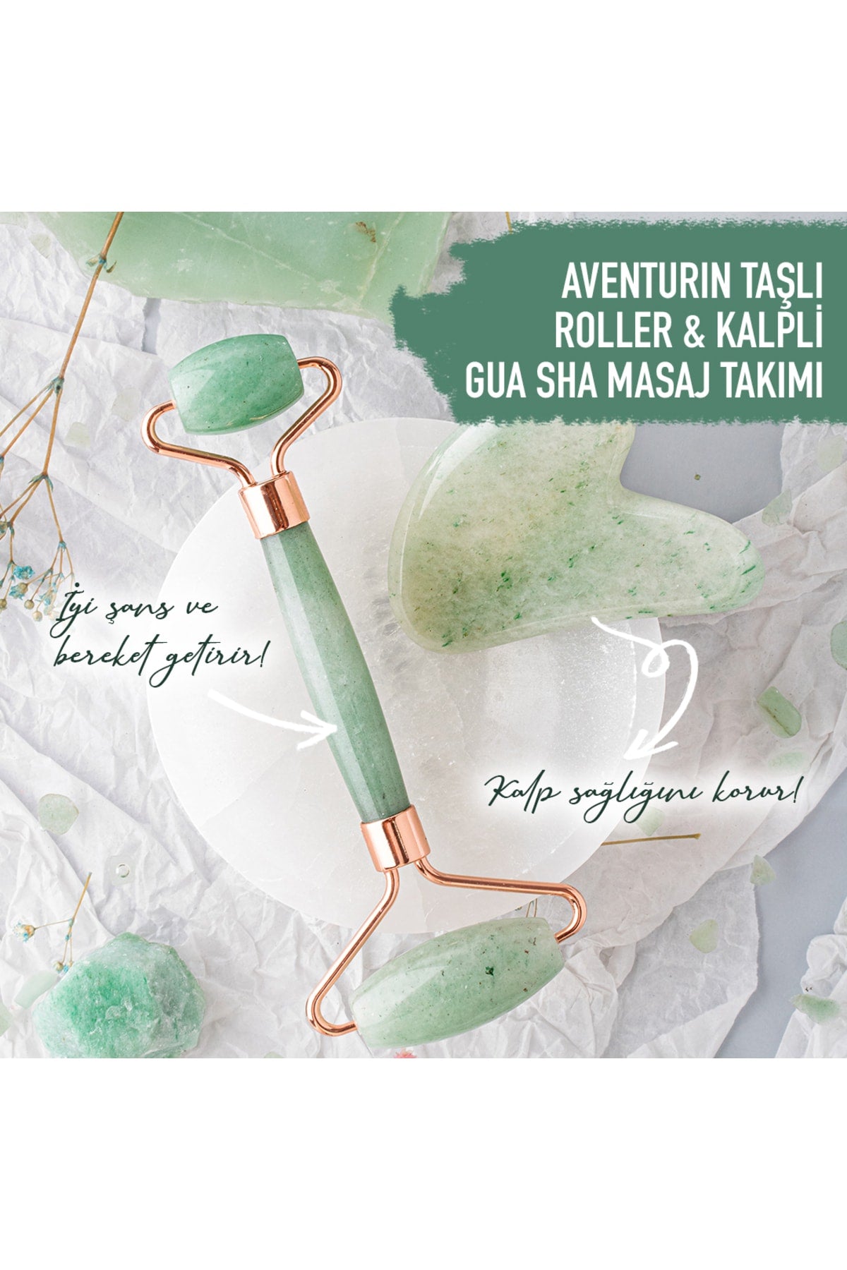 Sertifikalı Aventurin Doğal Taşı Roller Ve Kalpli Gua Sha Masaj Takımı