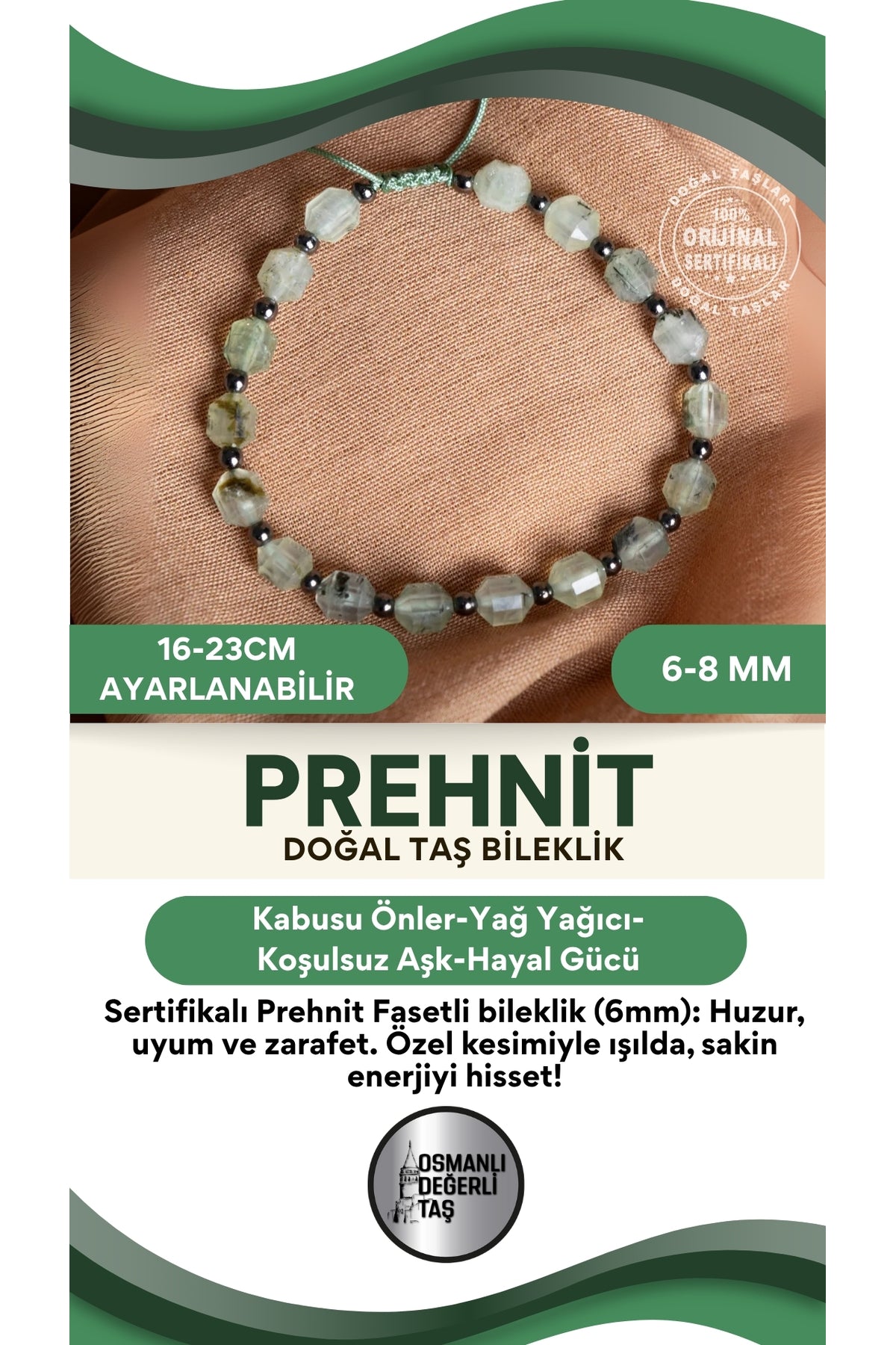 SERTİFİKALI Prehnit Fasetli Doğal Taş Özel Kesim Bileklik 6 mm