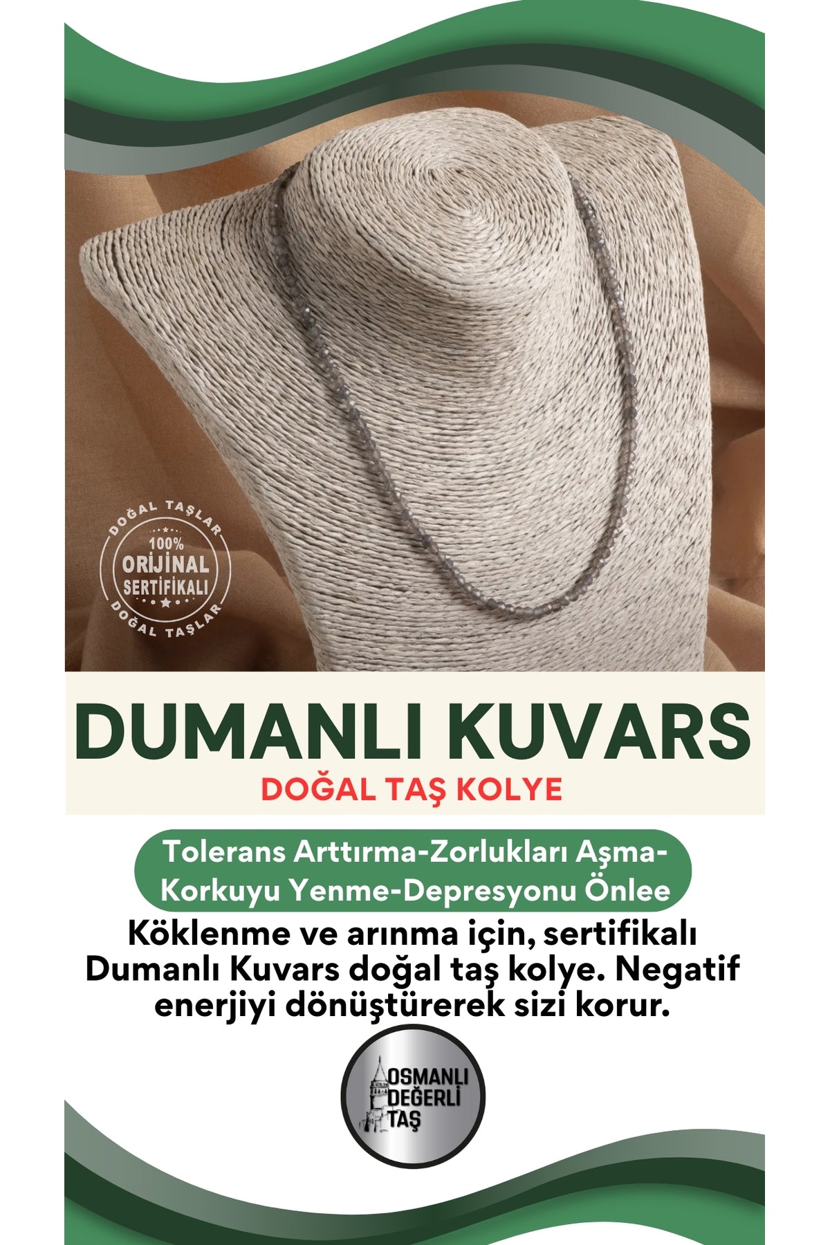 Sertifikalı Dumanlı Kuvars Doğal Taş Kolye