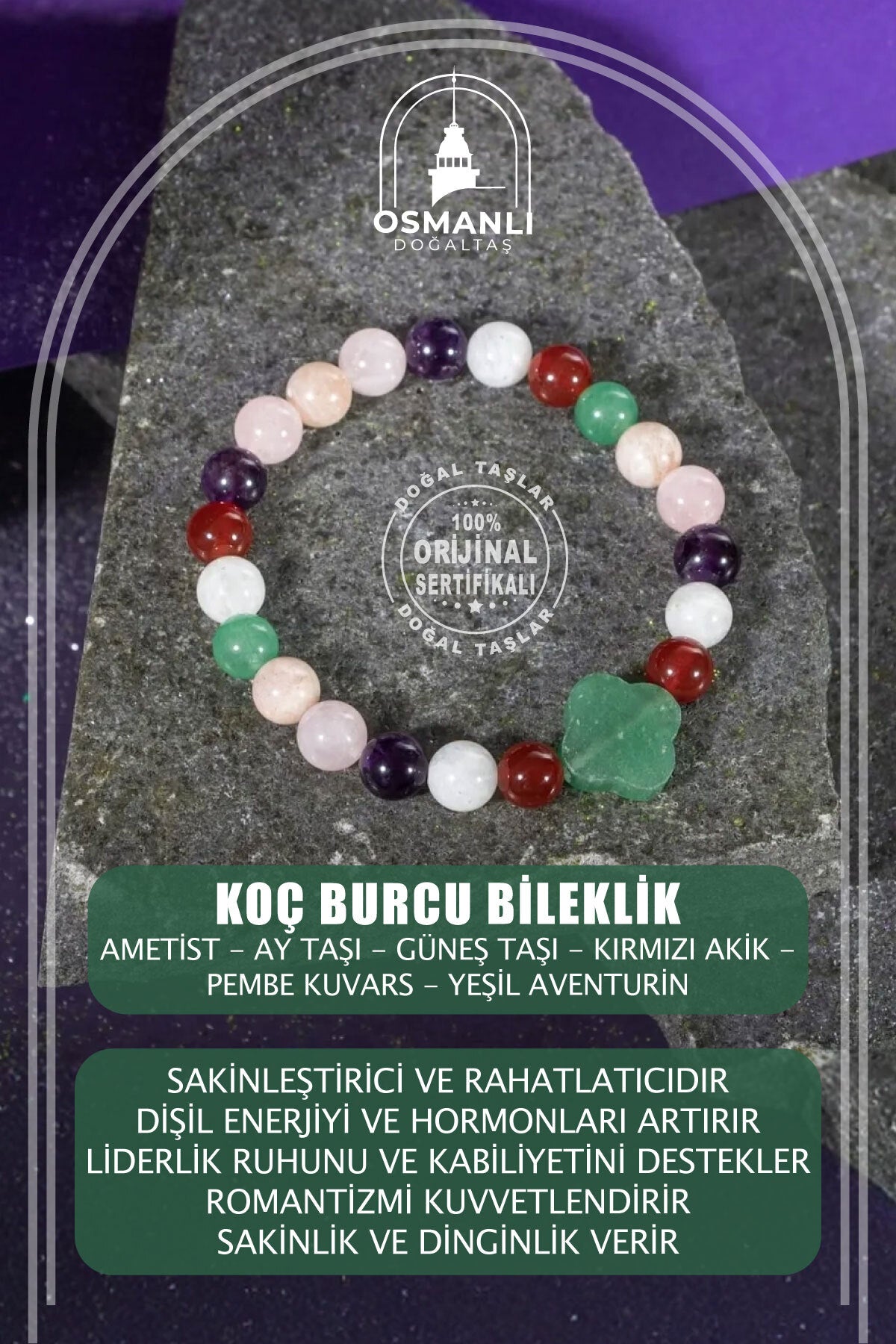 Koç Burcu Doğal Taş 8mm Yonca Bileklik
