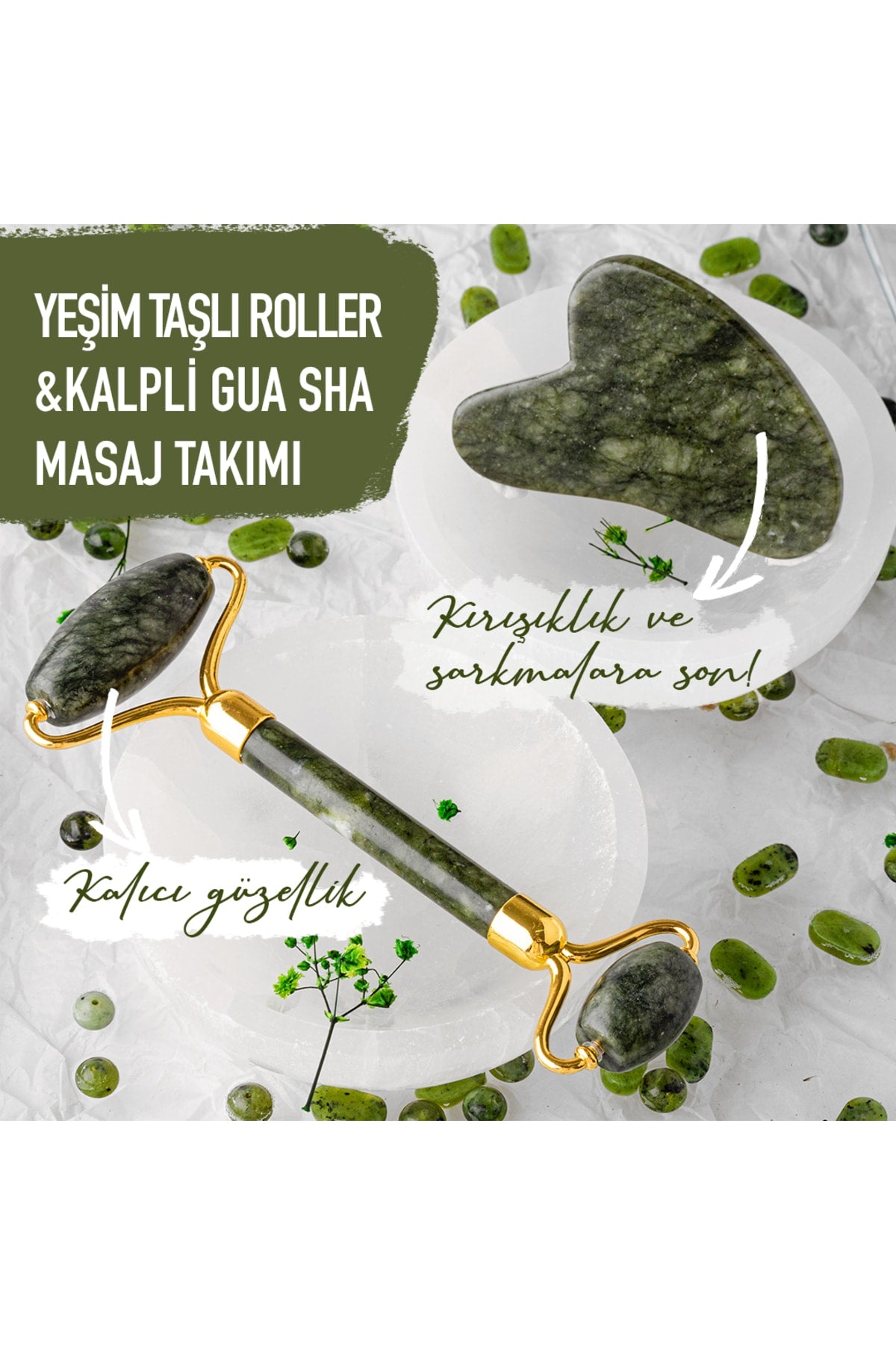 Sertifikalı 1. Sınıf Yeşim Doğal Taşı Roller Ve Kalpli Gua Sha Masaj Takımı Ma047