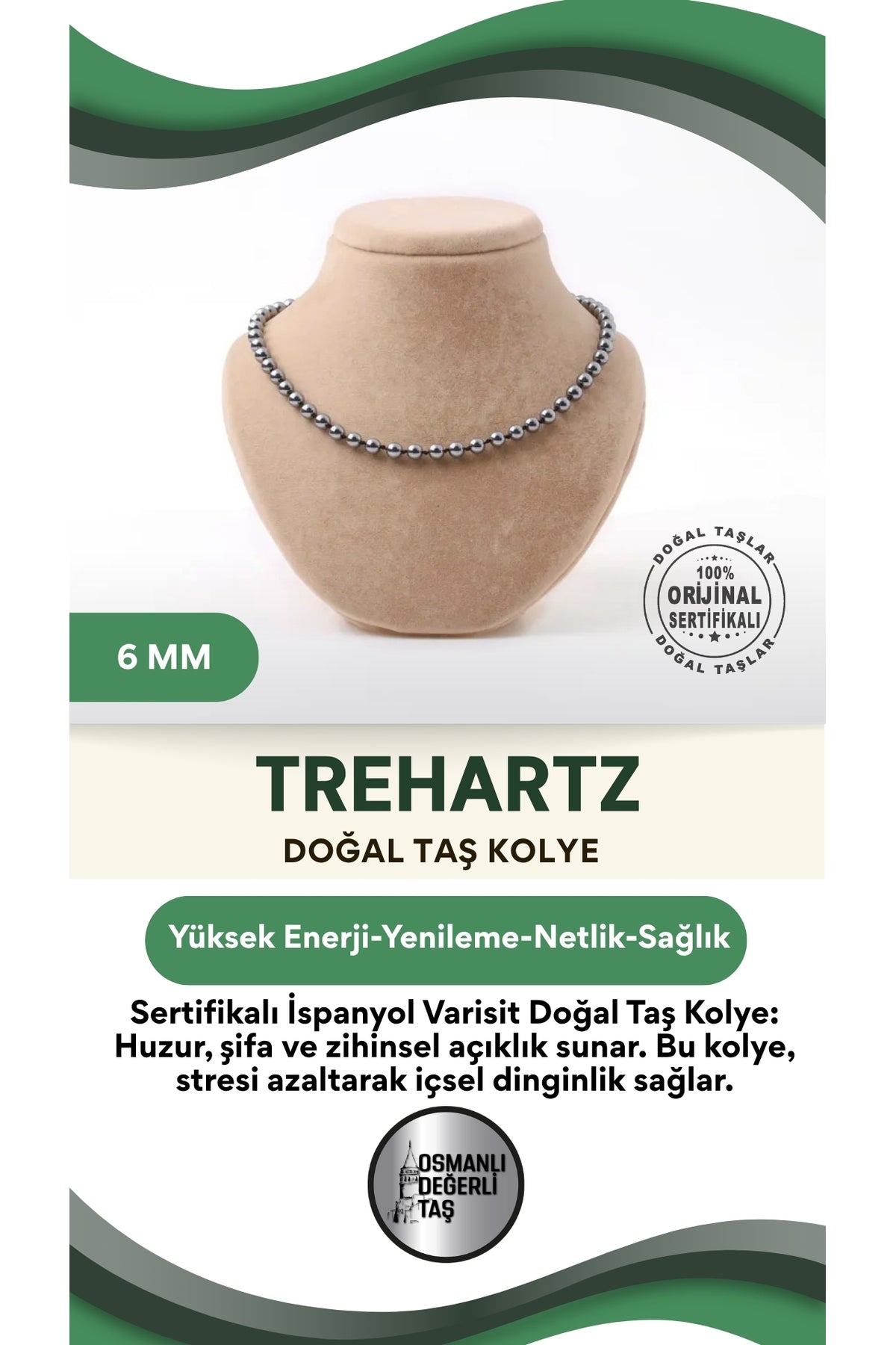 Sertifikalı Trehartz Doğaltaş Kolye 6 Mm, M595