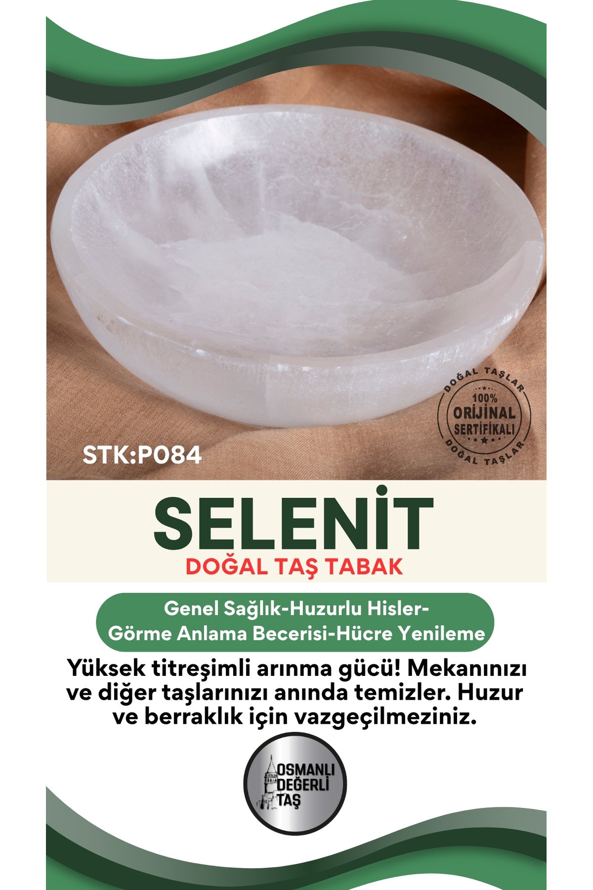 Sertifikalı Selenit Doğal Taş Yuvarlak Tabak No:5 P084