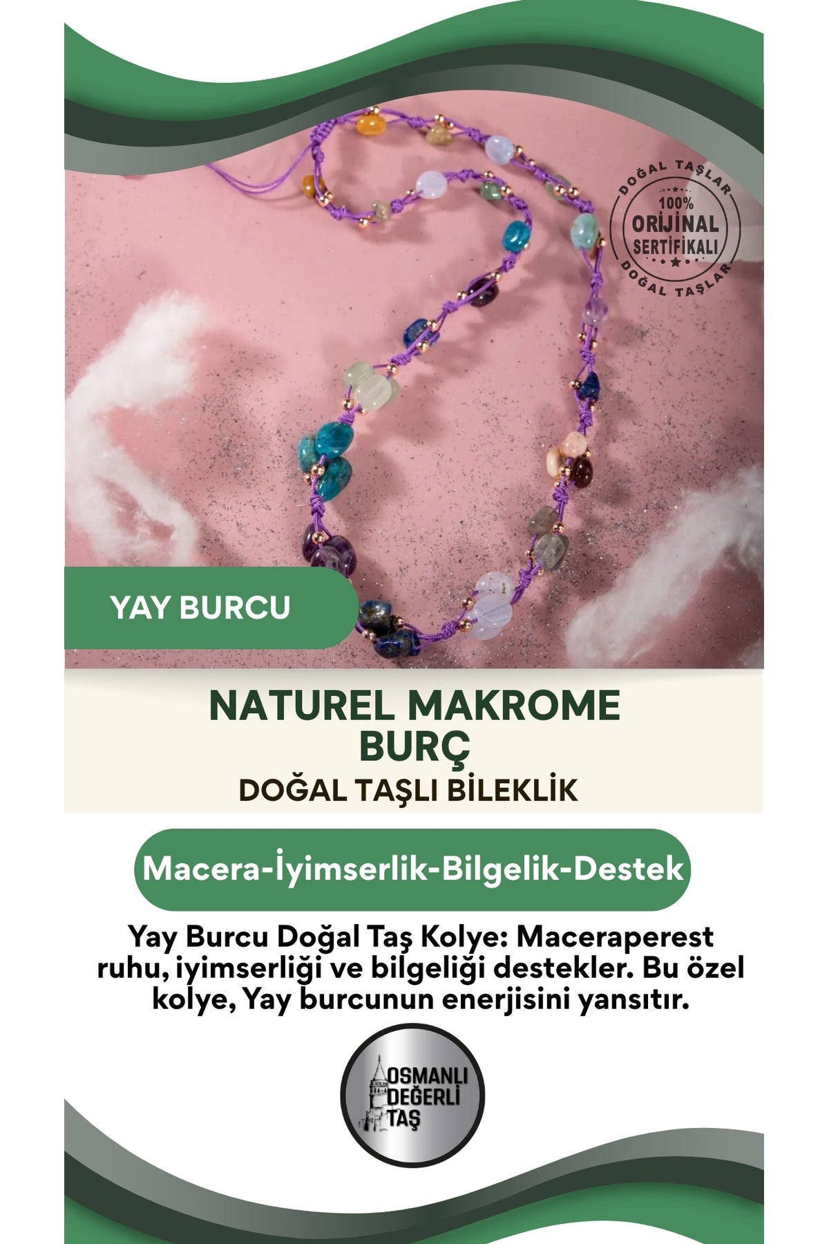 Yay Burcu Doğal Taş Natürel Makrome Kolye