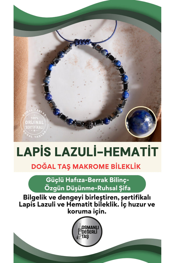 SERTİFİKALI Lapis Lazuli-Hematit Doğal Taş Makrome Ayarlanabilir Bileklik