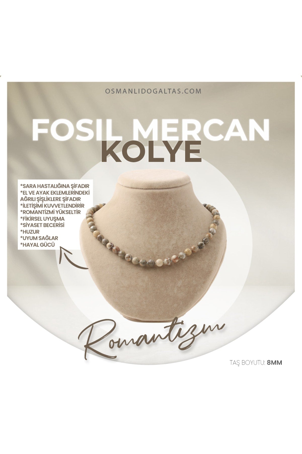 Sertifikalı Fosil Mercan Doğaltaş Kolye 8 Mm, M516