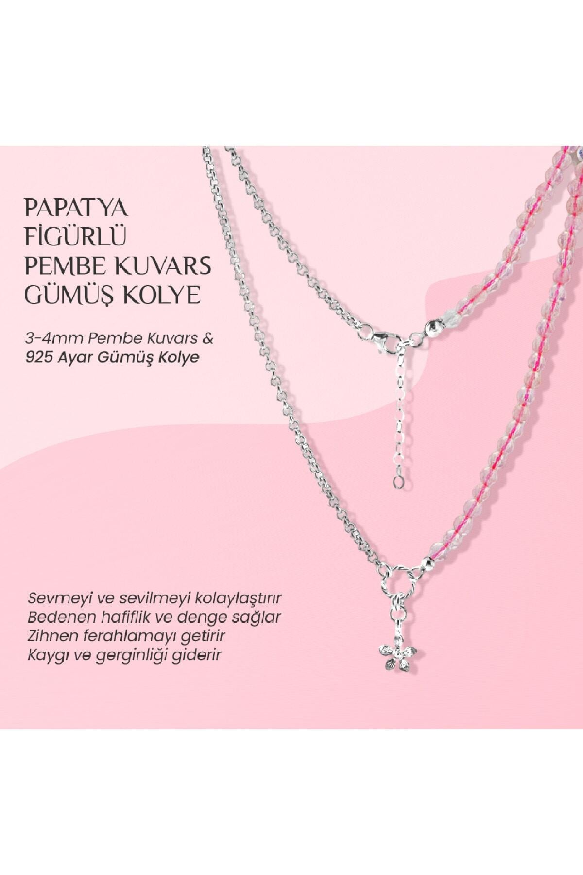 Pembe Kuvars Doğal Taşlı Papatya Gümüş Kolye