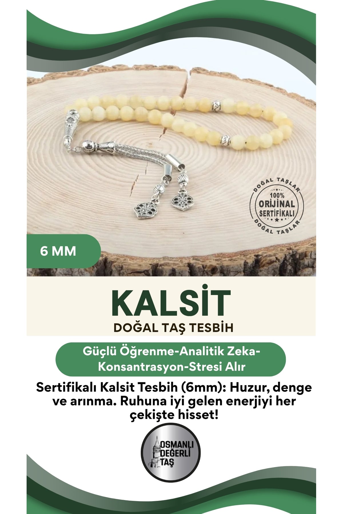 Sertifikalı Kalsit Doğaltaş Tesbih 6 Mm, T212