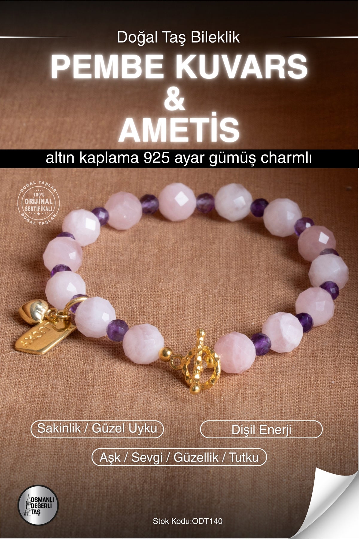 Sertifikalı Pembe Kuvars & Ametist Doğal Taş Altın Kaplama Gümüş Charm Bileklik ODT140