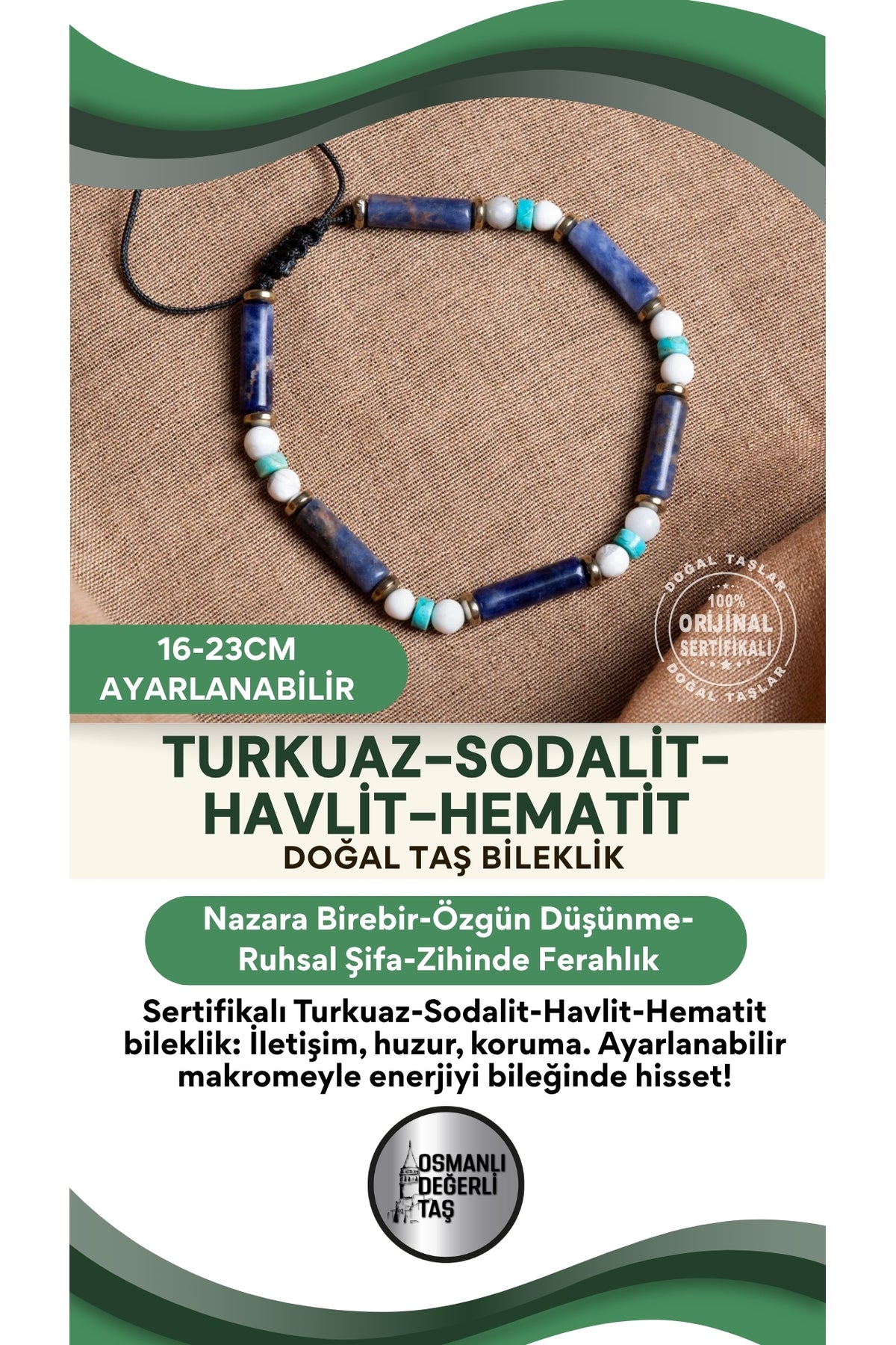 SERTİFİKALI Turkuaz Sodalit Havlit Hematit Doğal Taş Makrome Ayarlanabilir Bileklik
