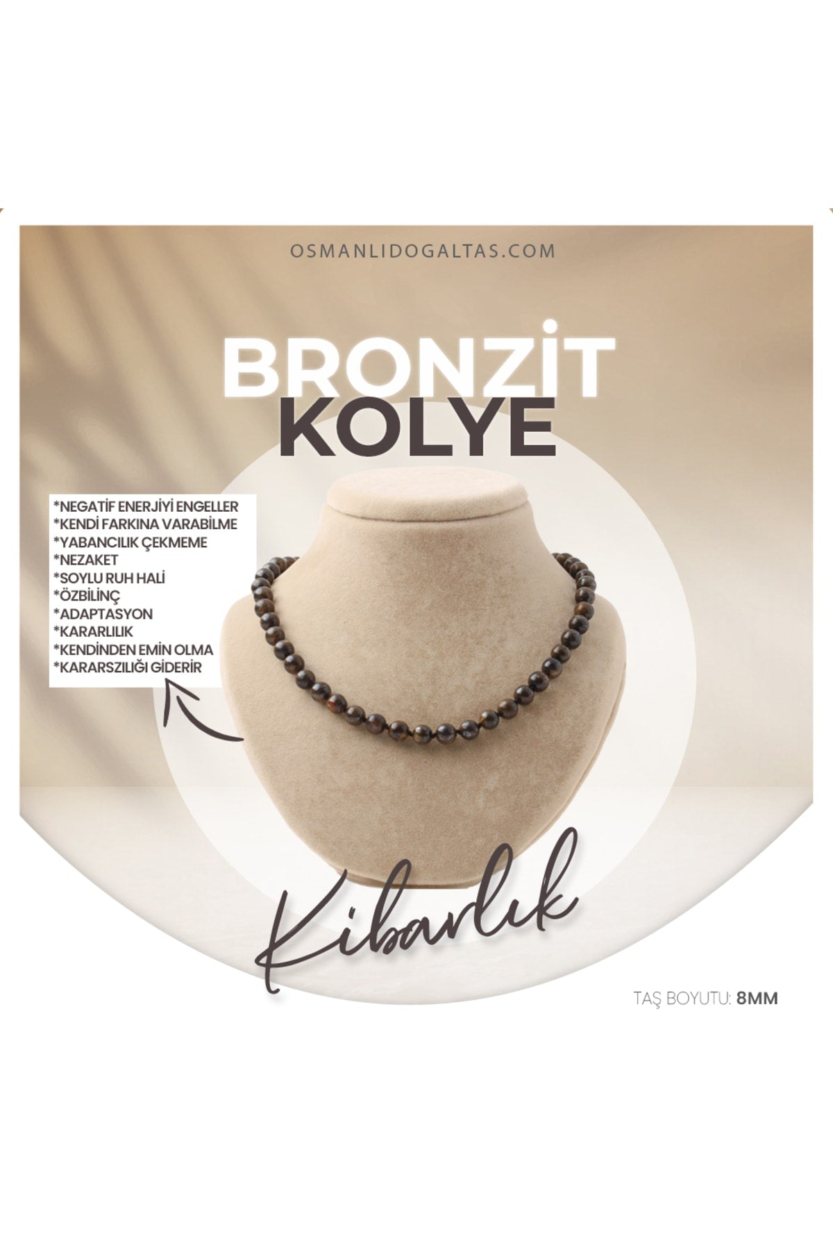 Sertifikalı Bronzit Doğaltaş Kolye 8 Mm, M512