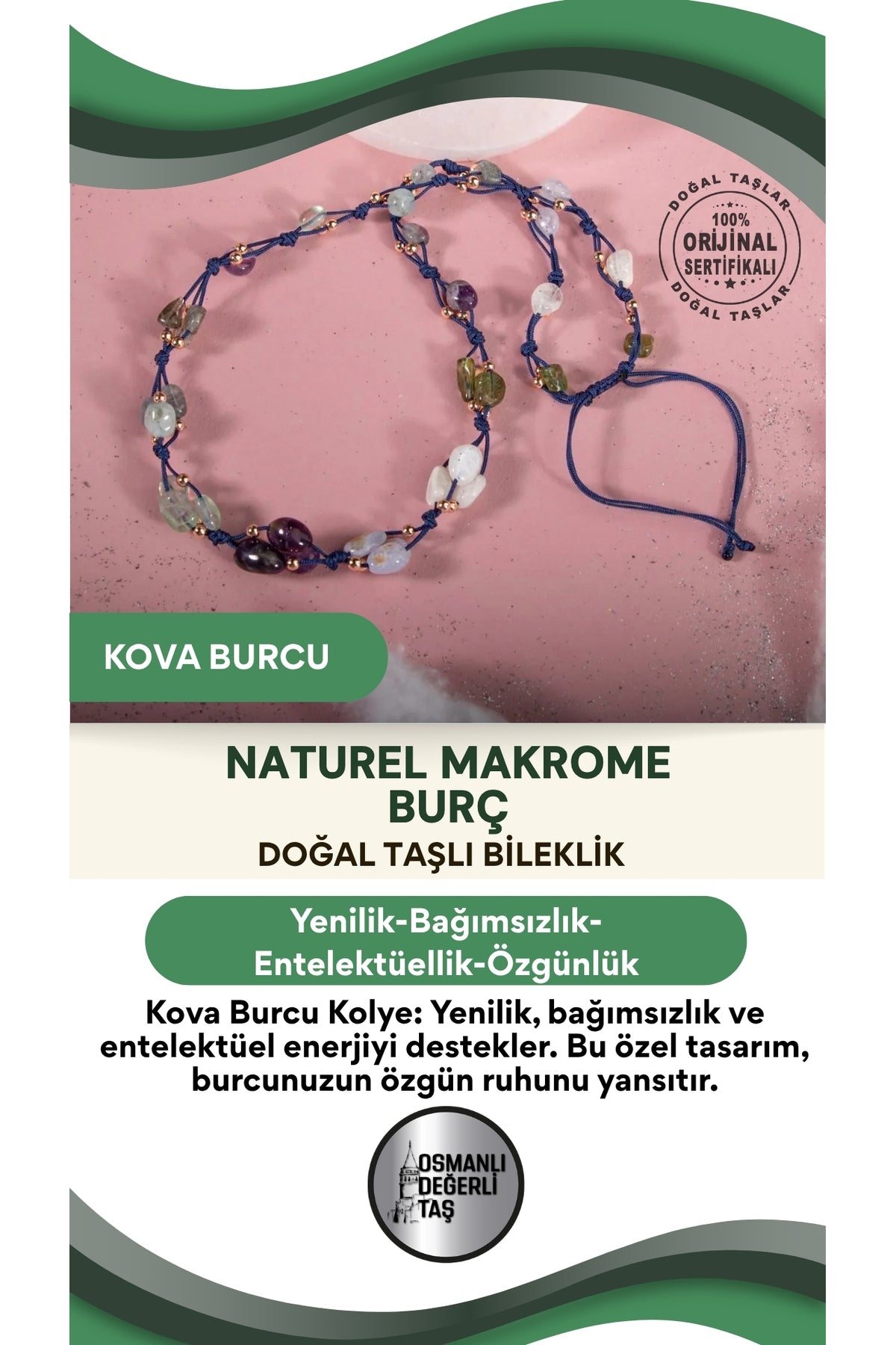Kova Burcu Doğal Taş Natürel Makrome Kolye