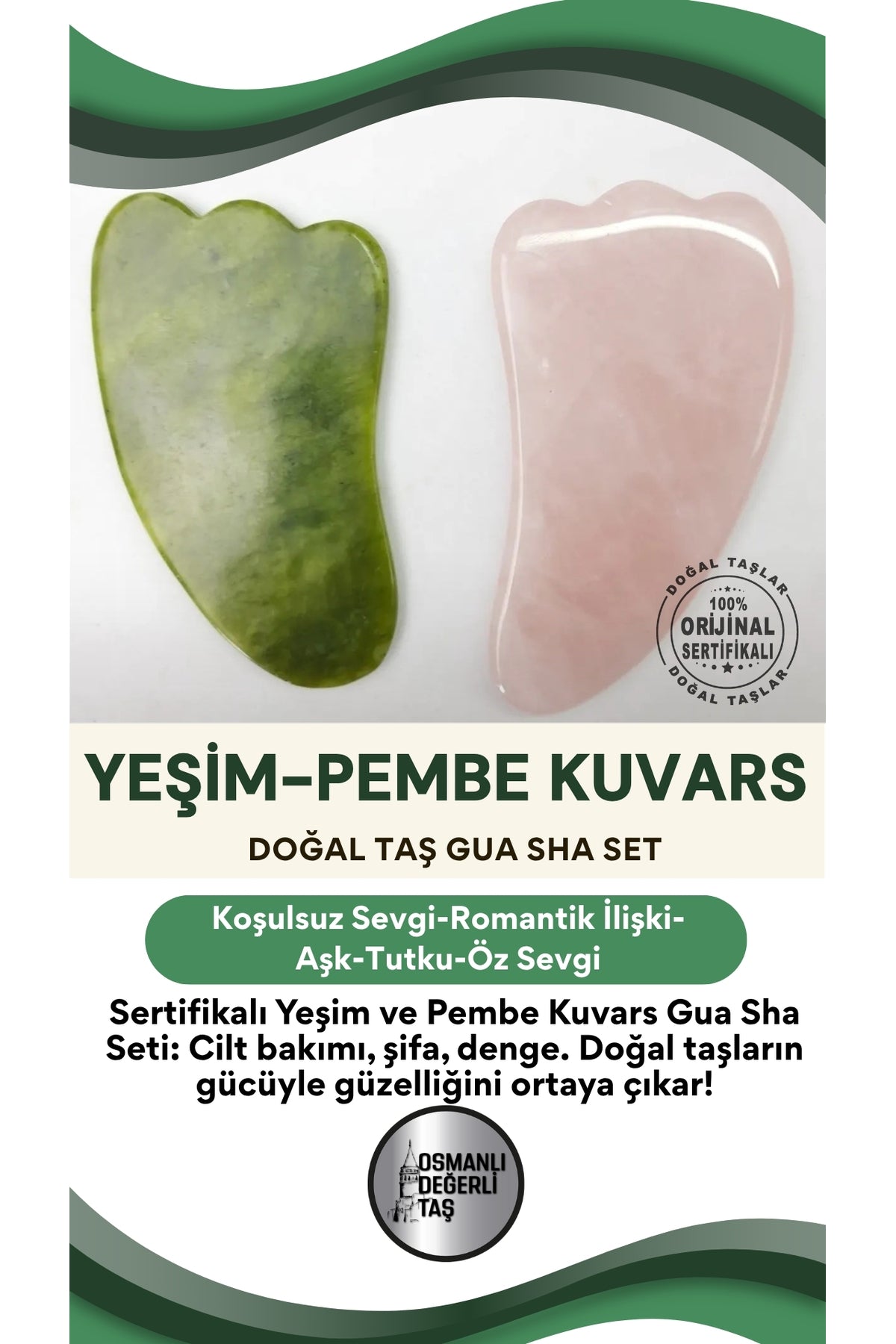 Sertifikalı Yeşim Doğal Taşı Gua Sha Ve Pembe Kuvars Doğal Taşı Gua Sha Set Ma013