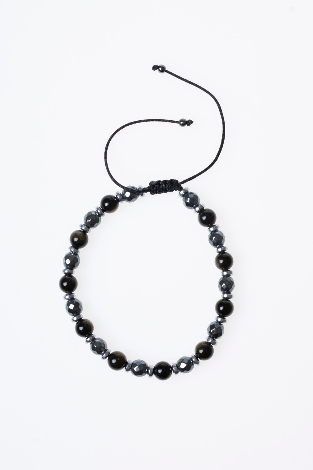 SERTİFİKALI Hematit-Obsidyen Doğal Taş Ayarlanabilir Makrome Bileklik 6 mm