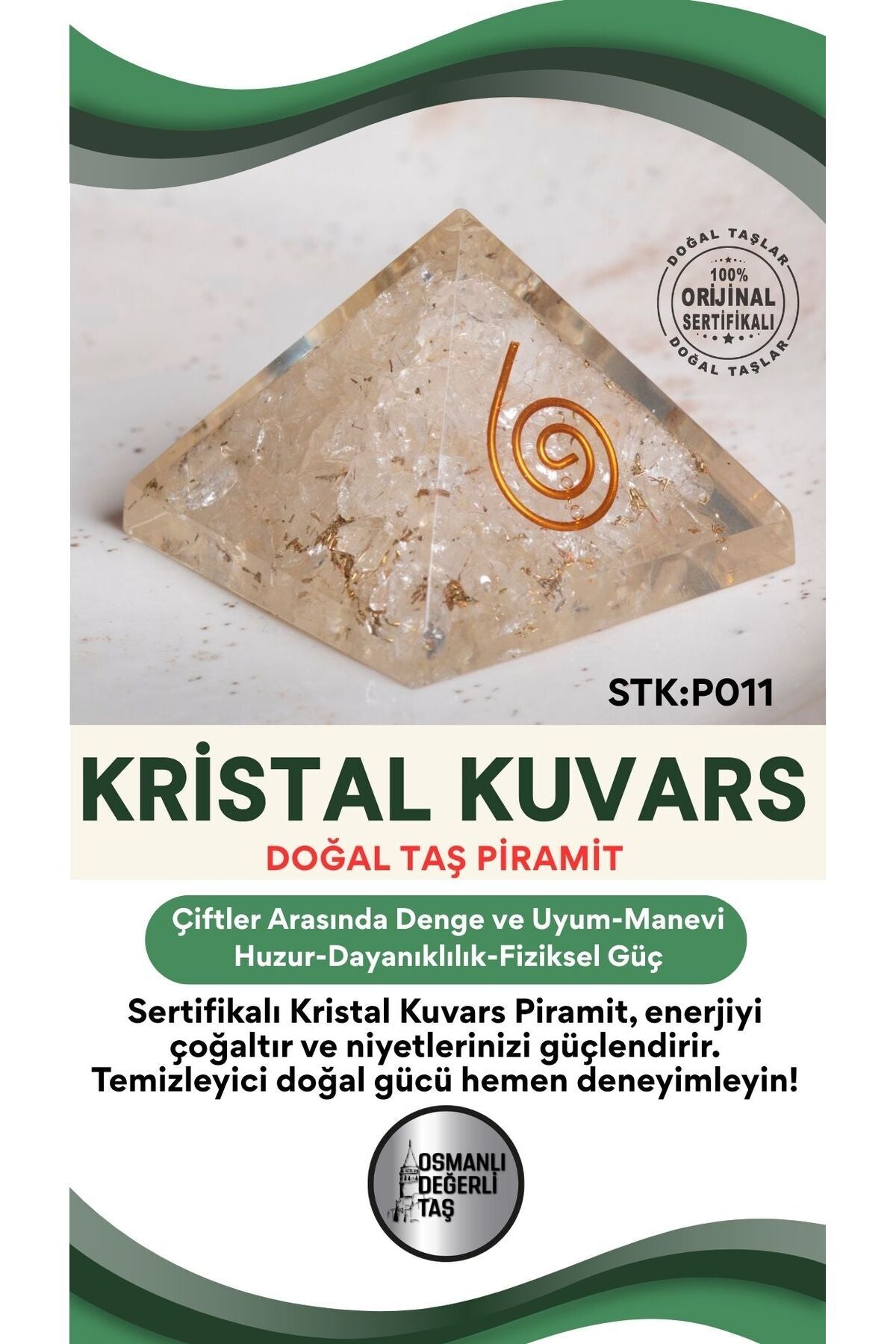Sertifikalı Kristal Kuvars Doğal Taş Piramit P011