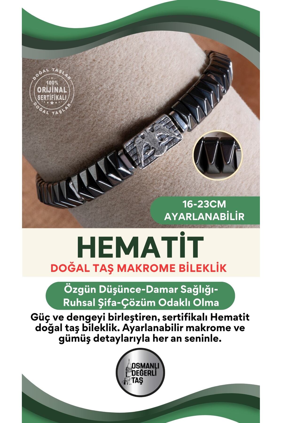 SERTİFİKALI Hematit Doğal Taş Makrome Ayarlanabilir Gümüş Bileklik No:10