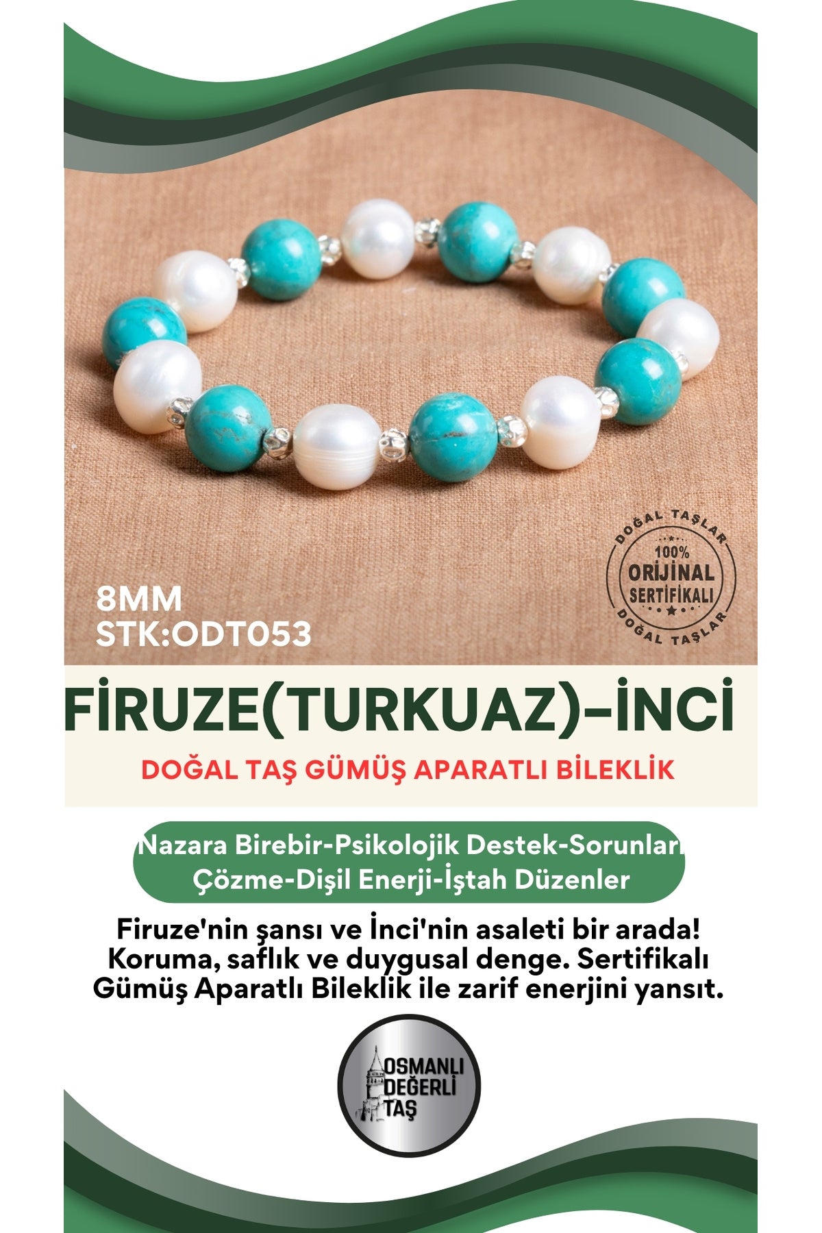 Sertifikalı Firuze(Turkuaz)-İnci Doğal Taş Gümüş Aparatlı Bileklik ODT053