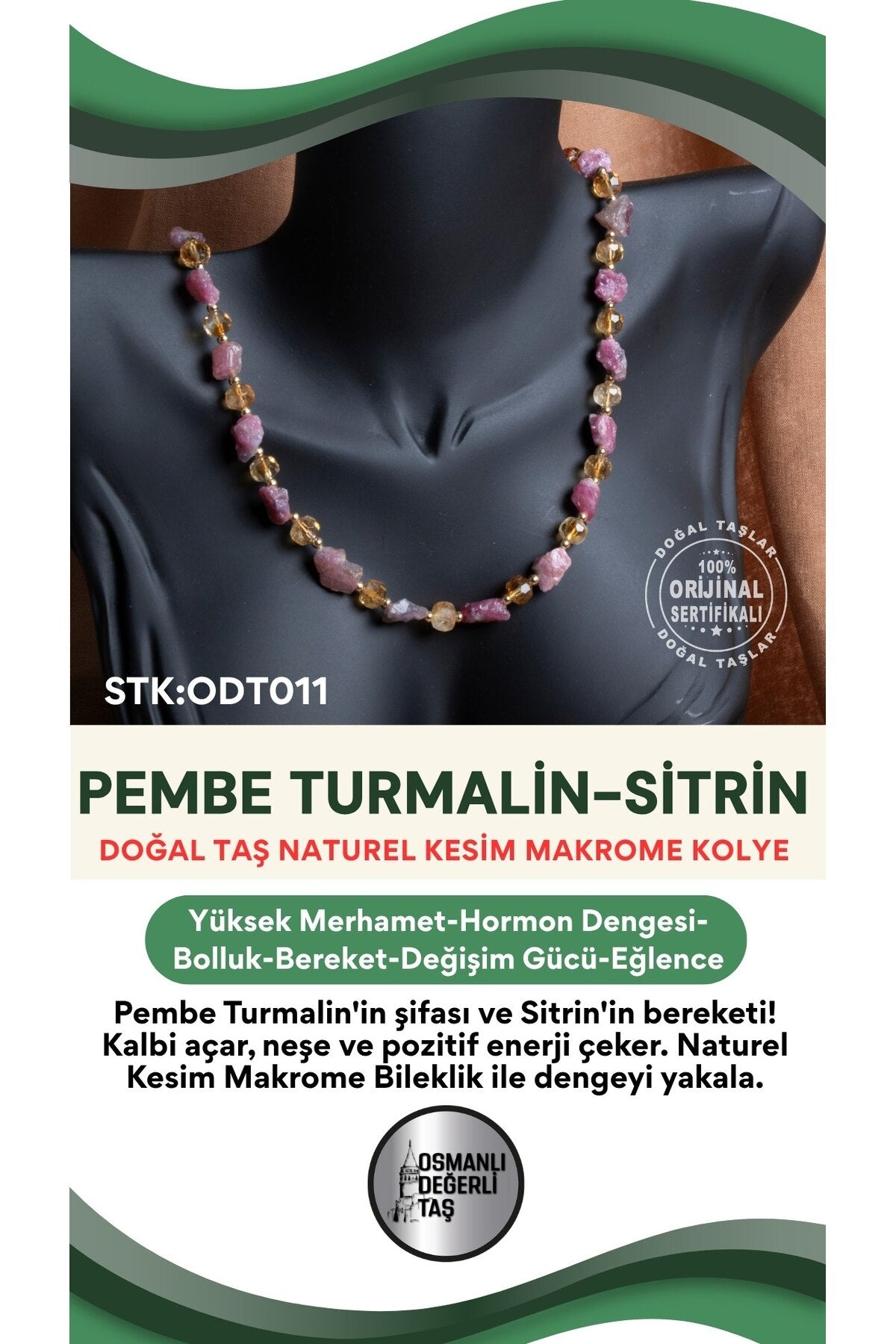 Sertifikalı Doğal Taş P. Turmalin-Sitrin Naturel Kesim Makrome Kolye ODT011