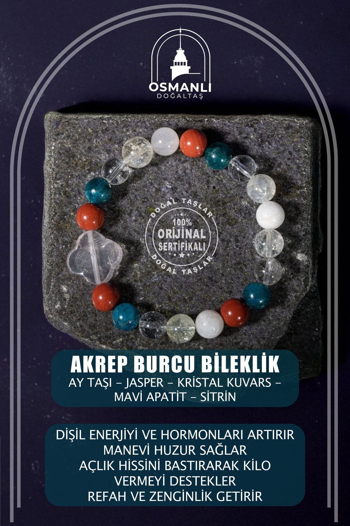 Akrep Burcu Doğal Taş 8mm Yonca Bileklik