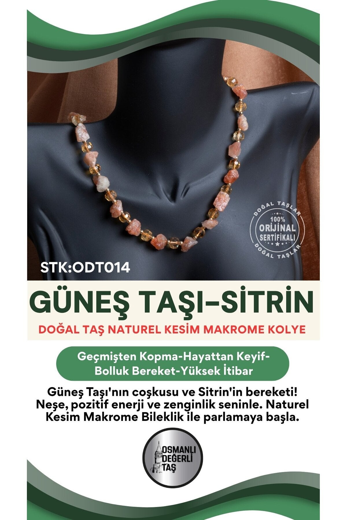 Sertifikalı Doğal Taş Güneş Taşı-SitrinNaturel Kesim Makrome Kolye ODT014