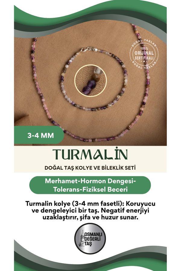 Sertifikalı Turmalin 3-4 mm Fasetli Kesim Doğal Taş Kolye ve Bileklik Seti