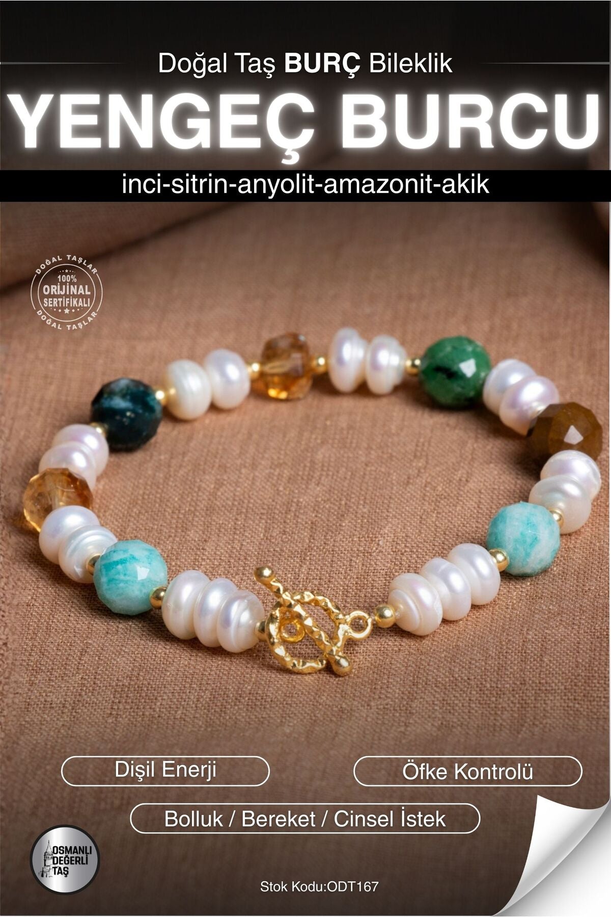 SERTİFİKALI İnxci-Sitrin-Anyolit-Amazonit-Akik Yengeç Burcu Doğal Taş Gümüş Aparat Bileklik ODT167