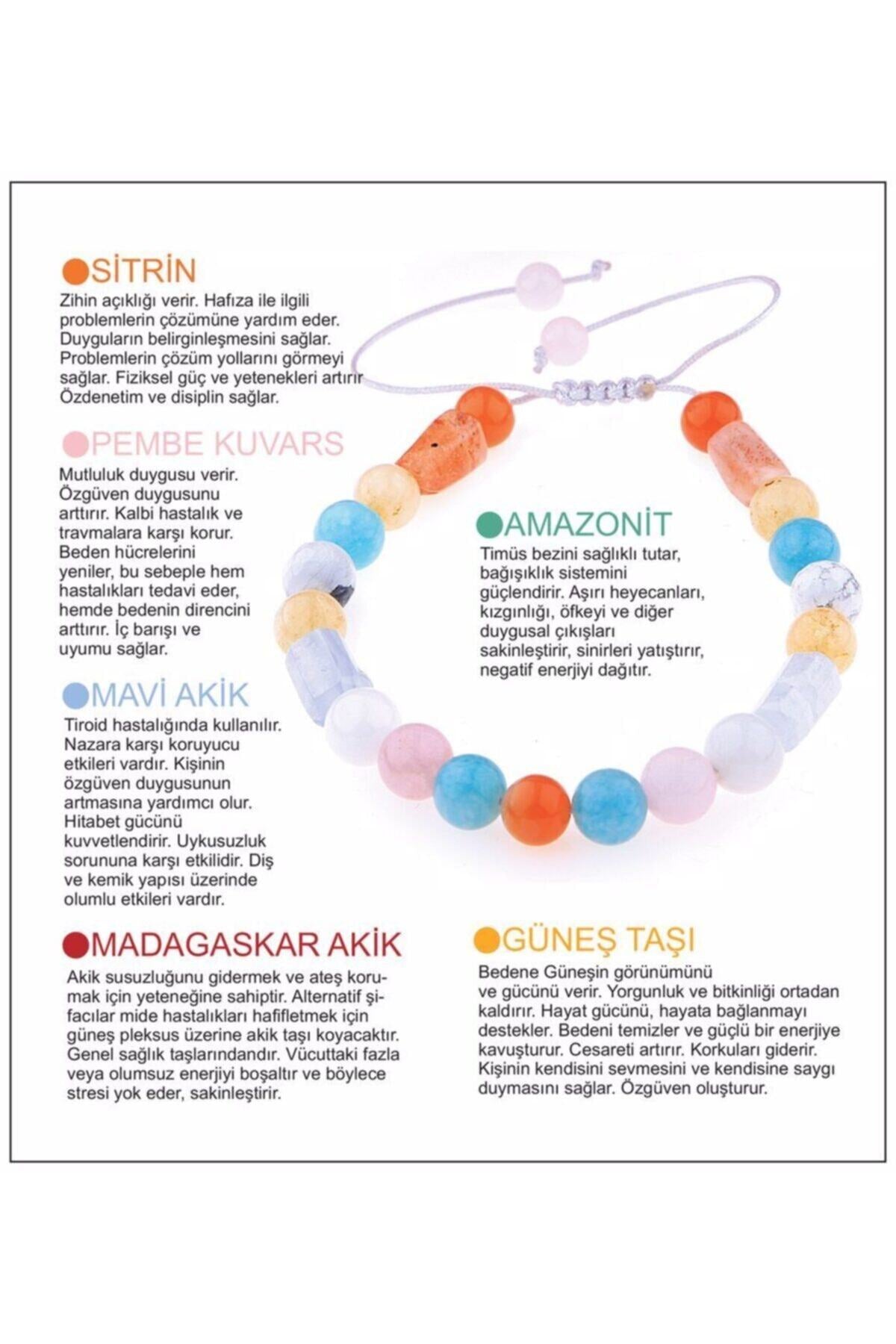 Sertifikalı Doğal Taş Bileklik - Güneş Taşı-madagaskar-mavi Akik-sitrin-pembe Kuvars-amazonit