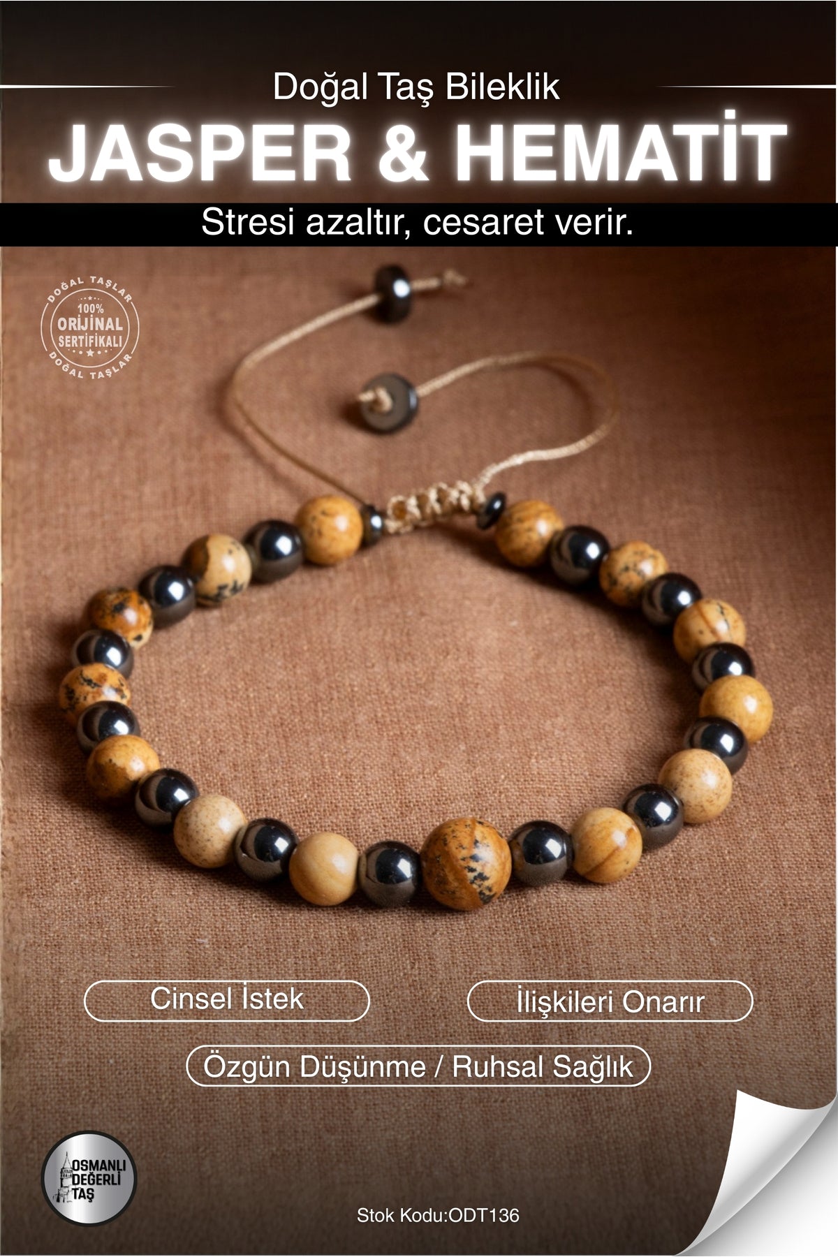 Sertifikalı JASPER & HEMATİT Doğal Taş Makrome Bileklik ODT136