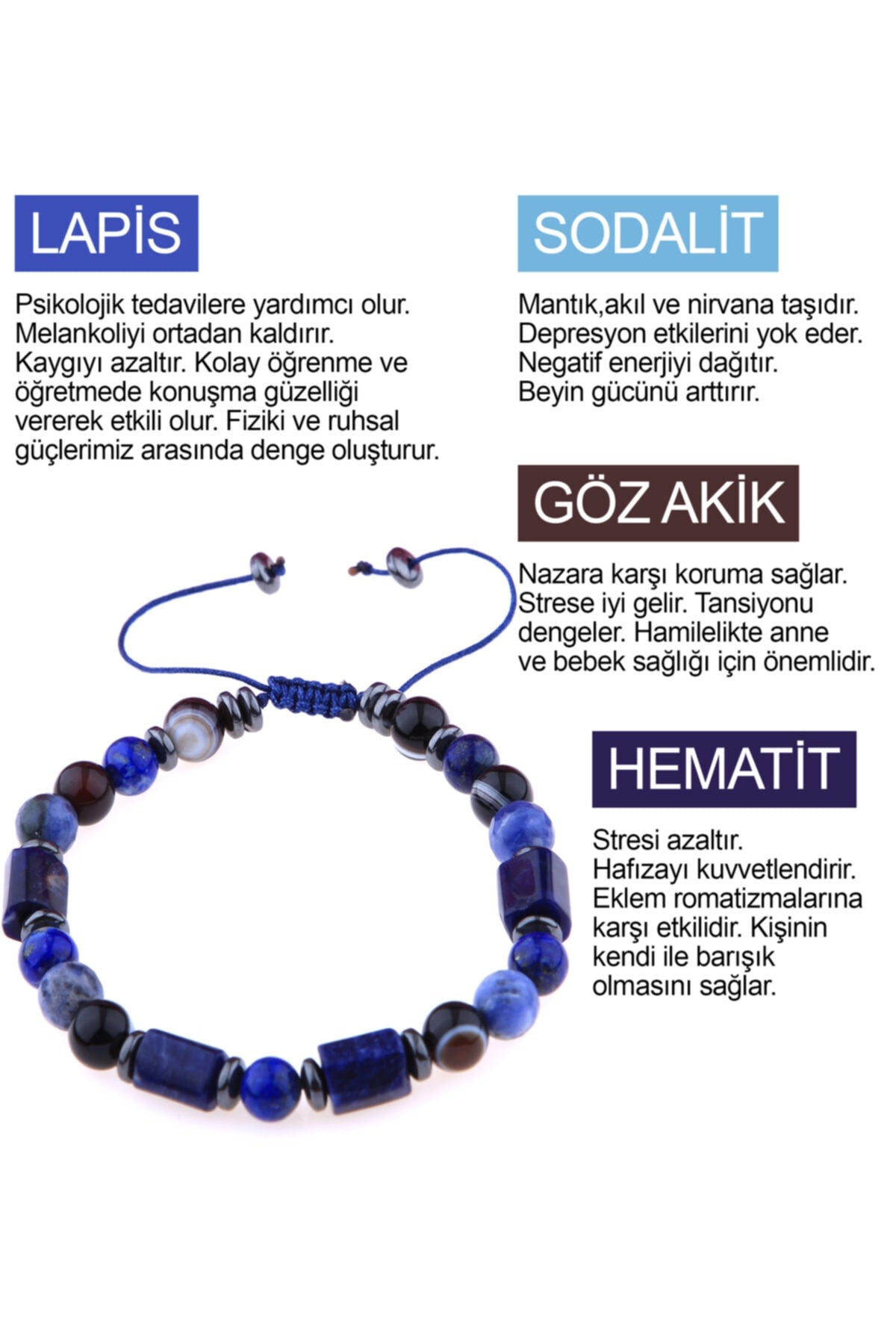 Sertifikalı Lapis- Sodalit-akik-hematit Bileklik-