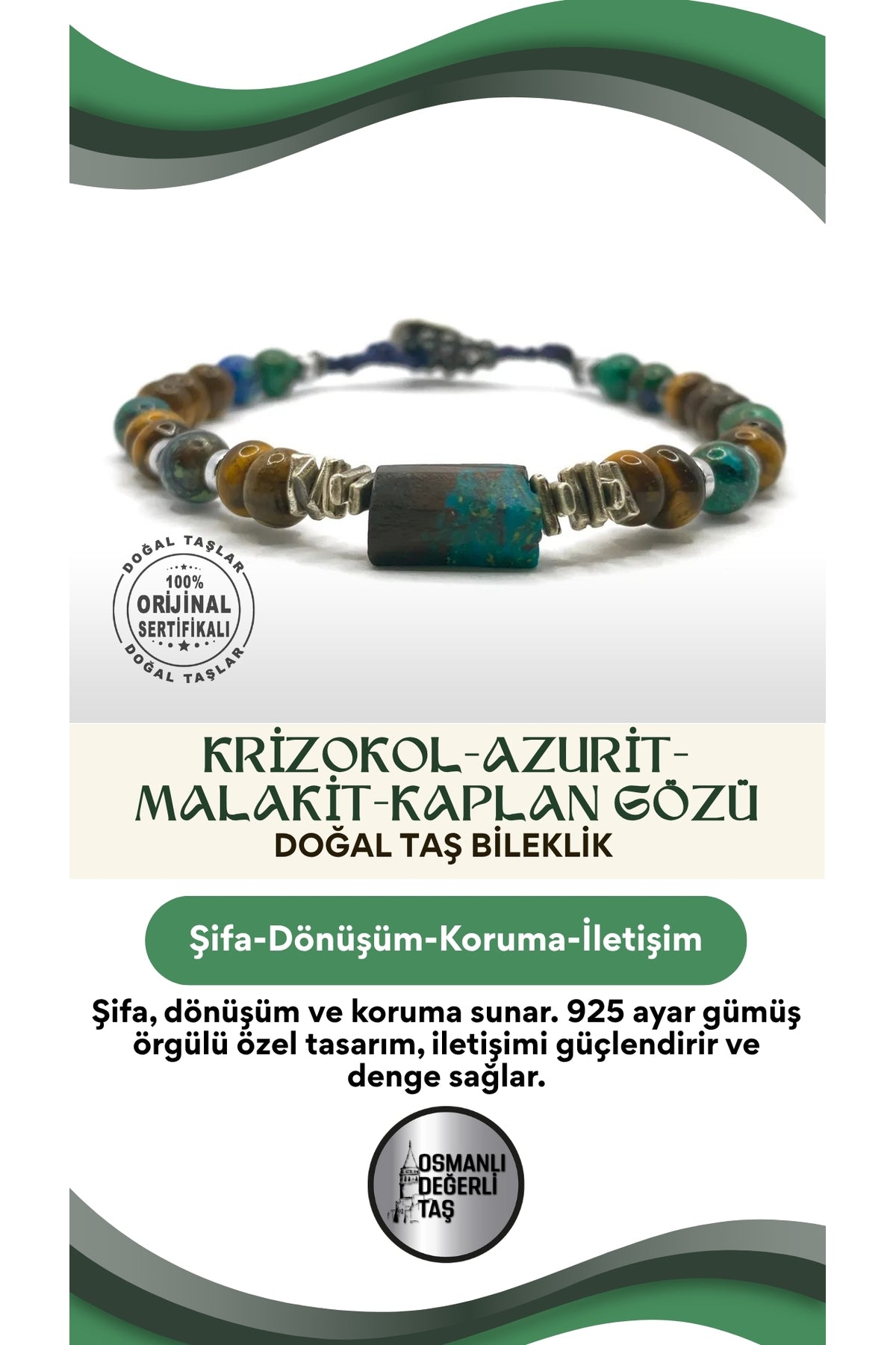 SERTİFİKALI KRİZOKOL AZURİT MALAKİT KAPLAN GÖZÜ DOĞAL TAŞLI ÖRGÜ 925 AYAR GÜMÜŞ TASARIM BİLEKLİK
