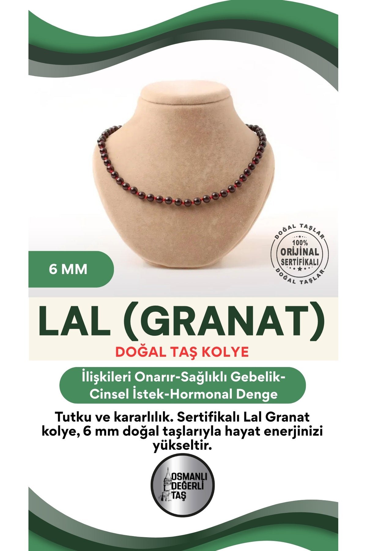Sertifikalı Lal Granat Doğaltaş Kolye 6 Mm, M576
