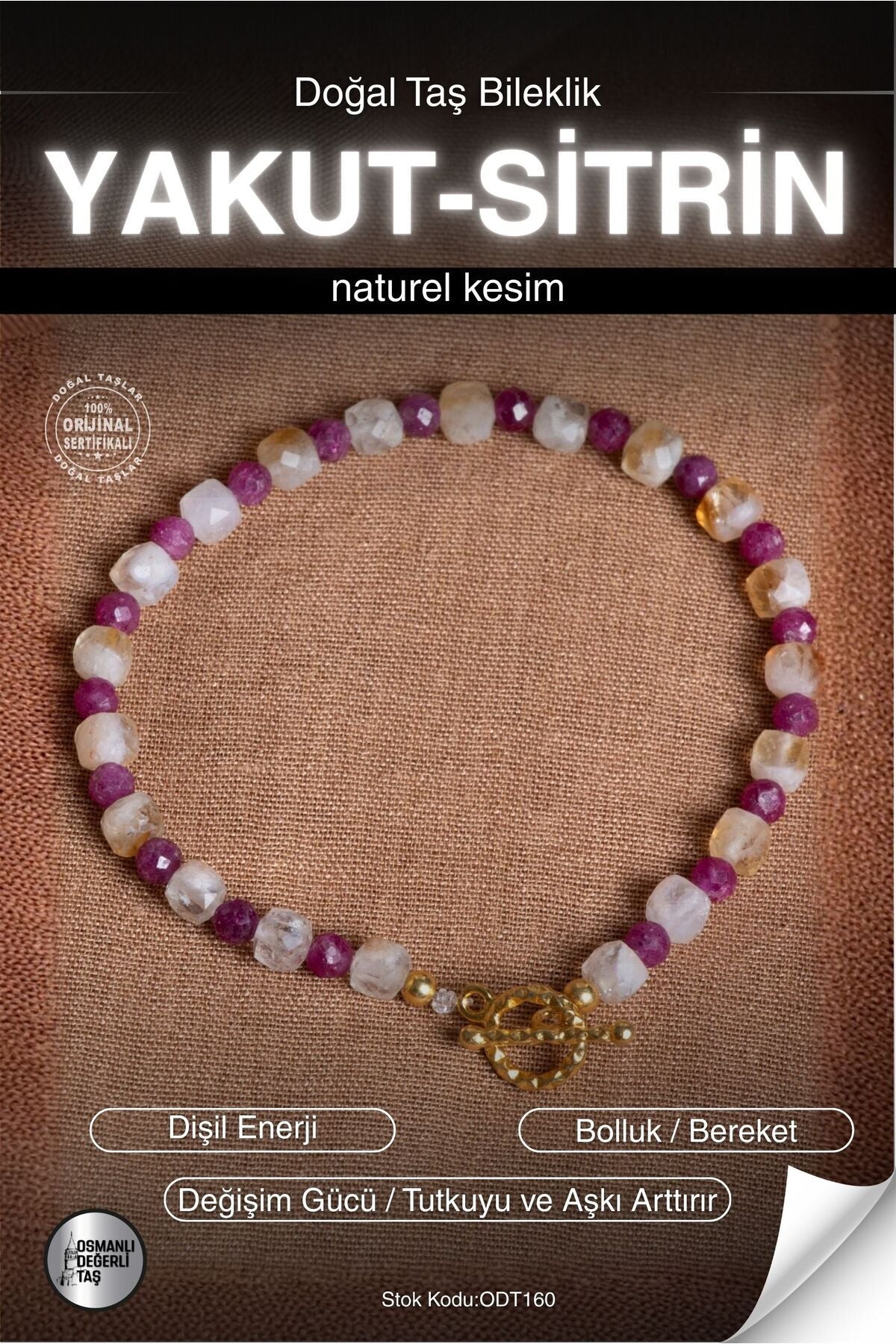 SERTİFİKALI Yakut-Sitrin Doğal Taş Gümüş Aparatlı Bileklik ODT160