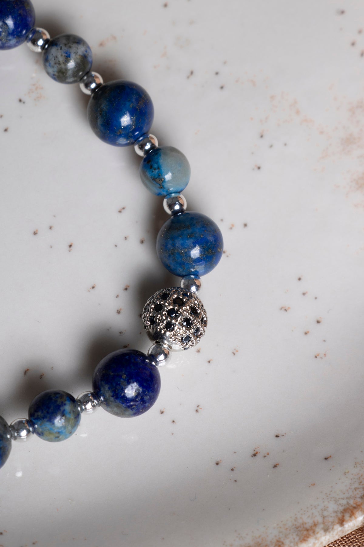 SERTİFİKALI Lapis Lazuli-Hematit Doğal Taş Zirkon Aparat Bileklik 6-8 mm